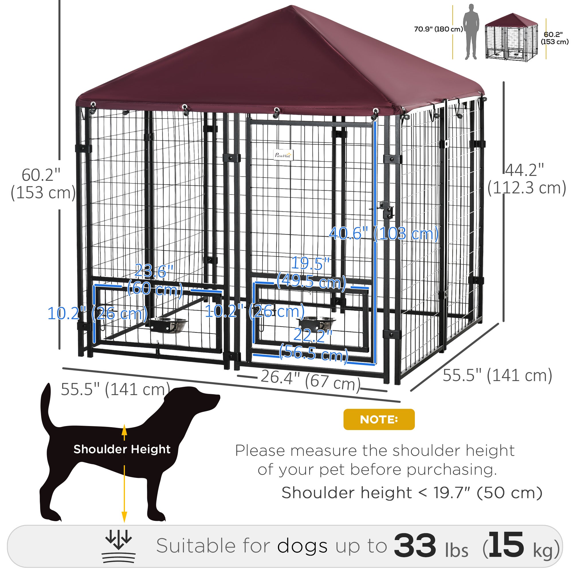 PawHut Outdoor Dog Kennel, Run, Large Wire Steel Fence, Lockable Pet Playpen Enclosure, with Water-, UV-Resistant Canopy Top, Door, Rotating Bowl Holders, 4.6ft x 4.6ft x 5ft