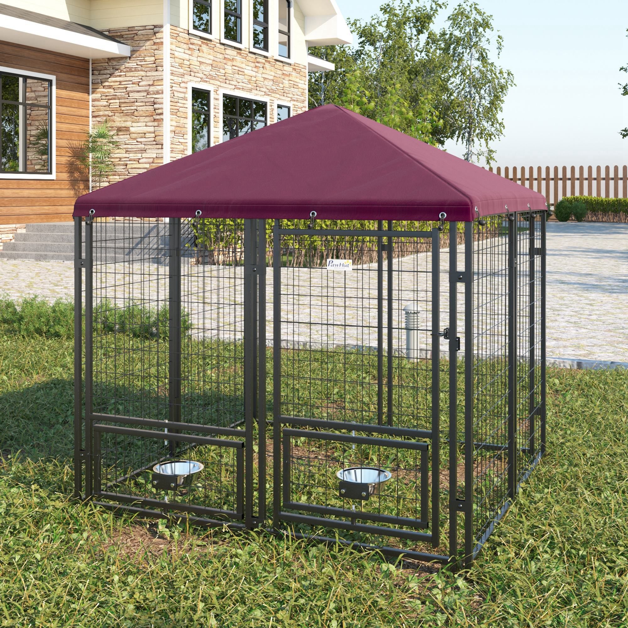 PawHut Outdoor Dog Kennel, Run, Large Wire Steel Fence, Lockable Pet Playpen Enclosure, with Water-, UV-Resistant Canopy Top, Door, Rotating Bowl Holders, 4.6ft x 4.6ft x 5ft