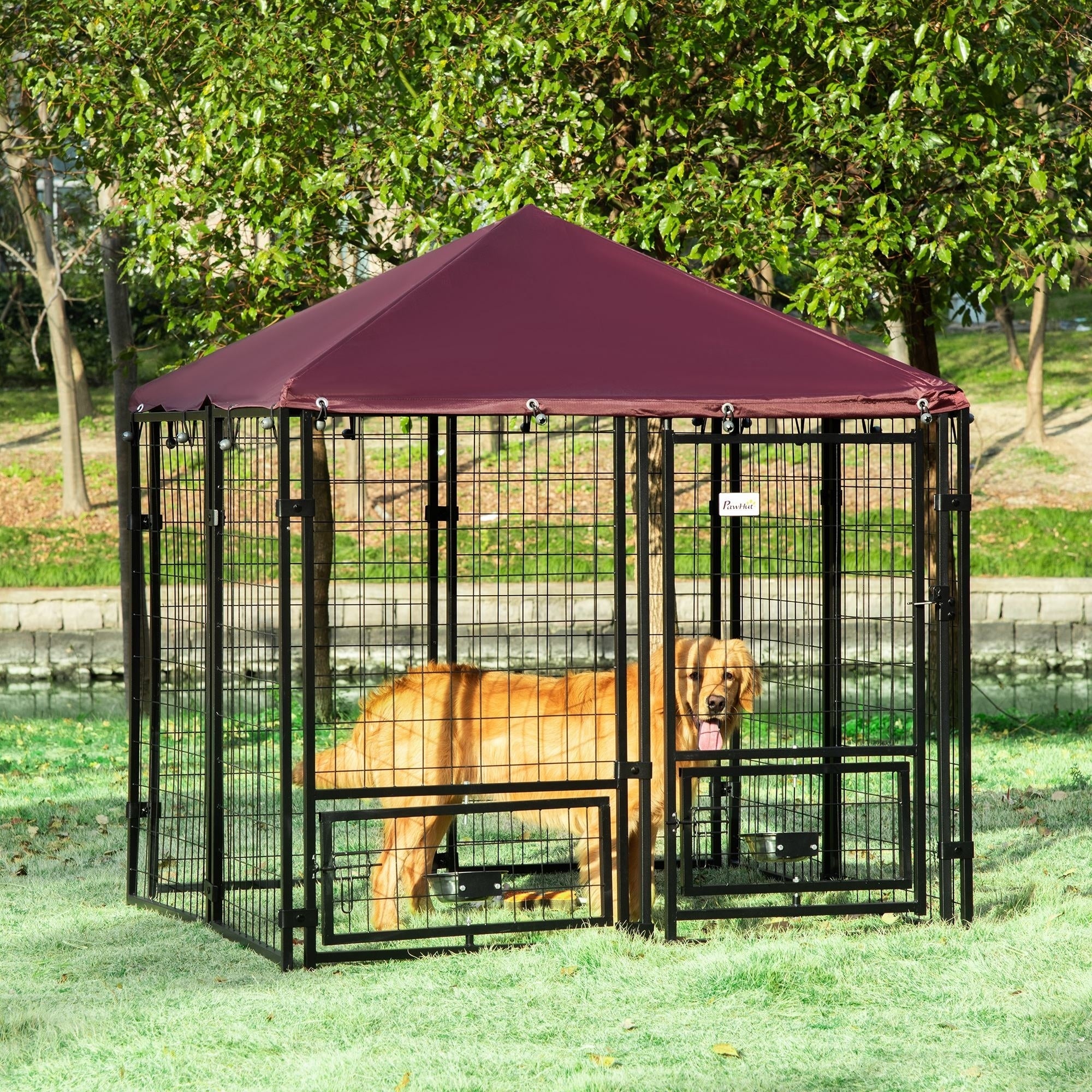 PawHut Outdoor Dog Kennel, Run, Large Wire Steel Fence, Lockable Pet Playpen Enclosure, with Water-, UV-Resistant Canopy Top, Door, Rotating Bowl Holders, 4.6ft x 4.6ft x 5ft