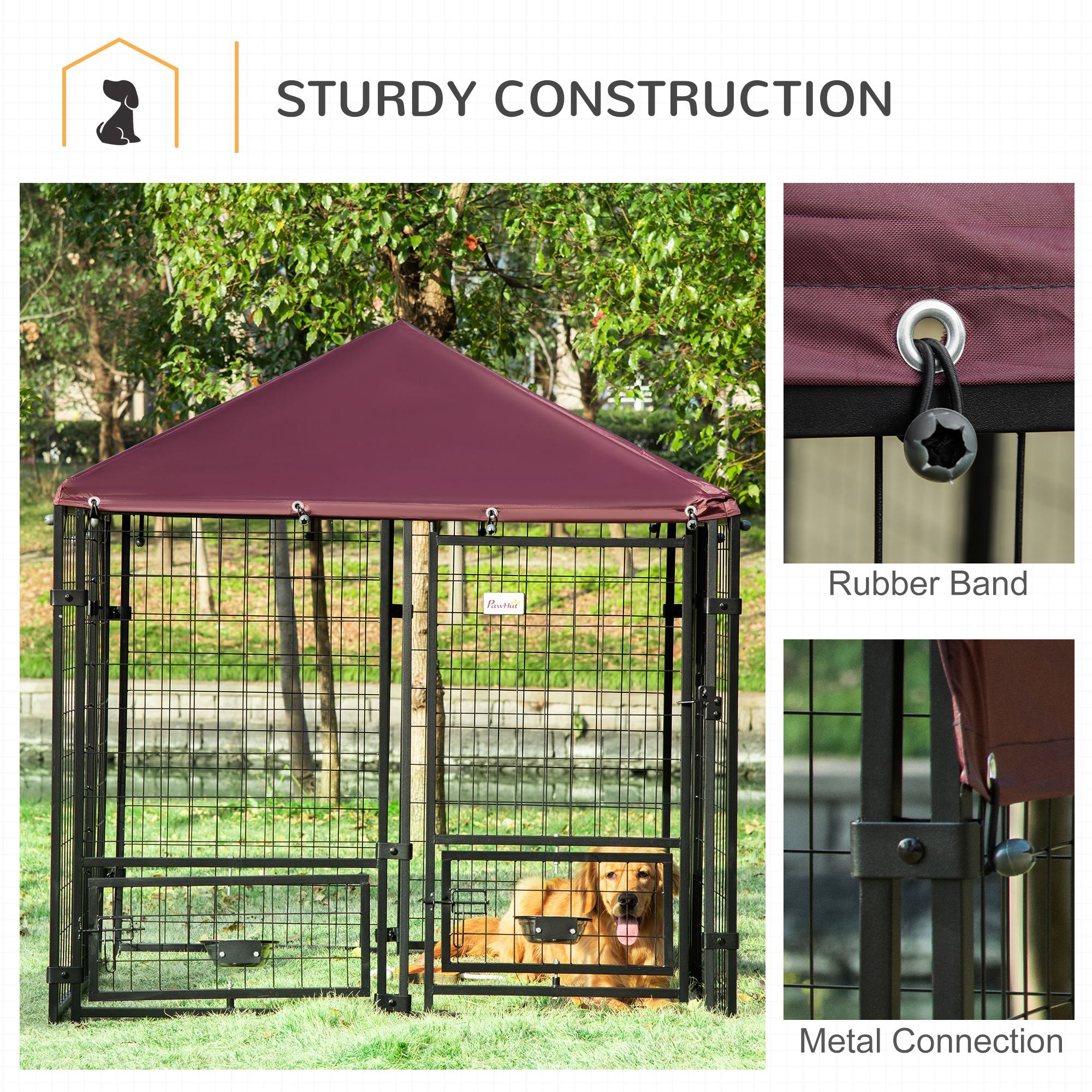PawHut Outdoor Dog Kennel, Run, Large Wire Steel Fence, Lockable Pet Playpen Enclosure, with Water-, UV-Resistant Canopy Top, Door, Rotating Bowl Holders, 4.6ft x 4.6ft x 5ft