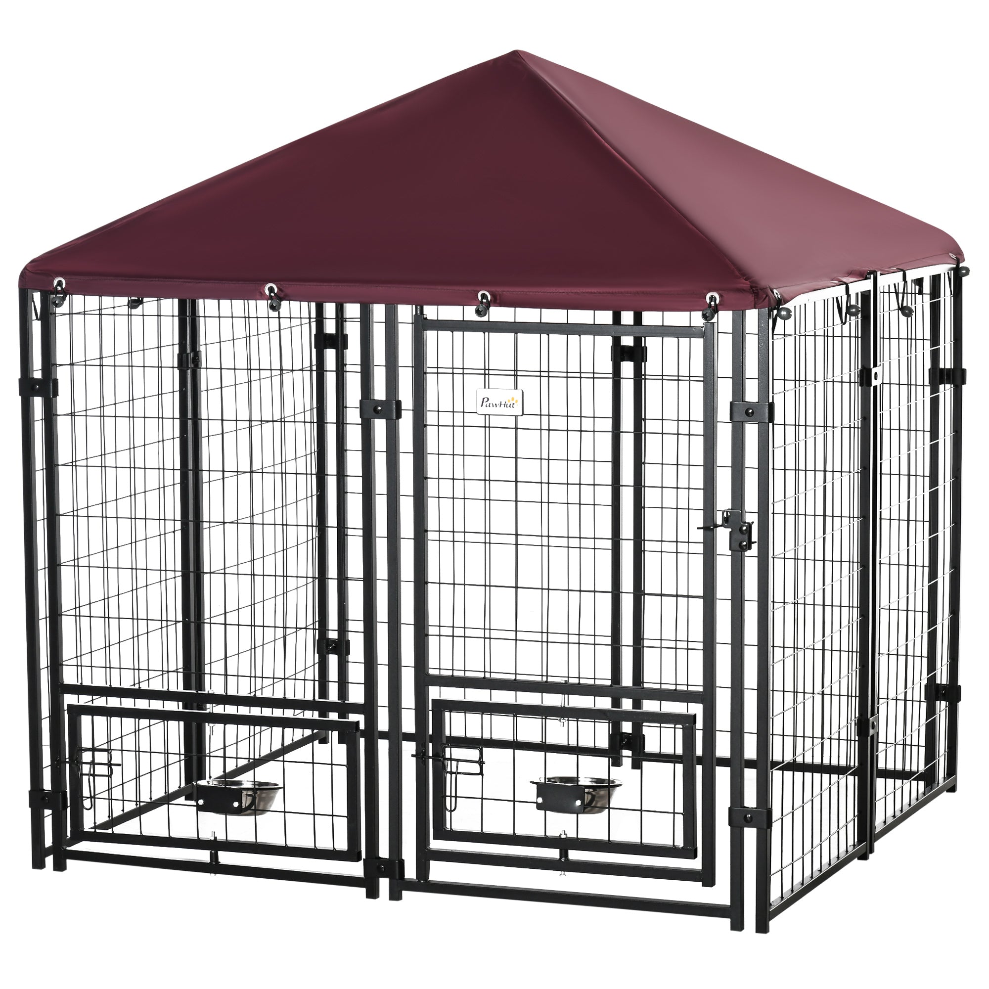 PawHut Outdoor Dog Kennel with Rotating Bowl Holders, Dog Run with Water and UV-Resistant Cover for Medium & Small Dogs, Red
