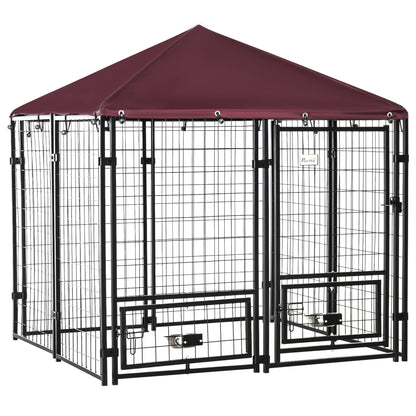 PawHut Outdoor Dog Kennel with Rotating Bowl Holders, Dog Run with Water and UV-Resistant Cover for Medium & Small Dogs, Red