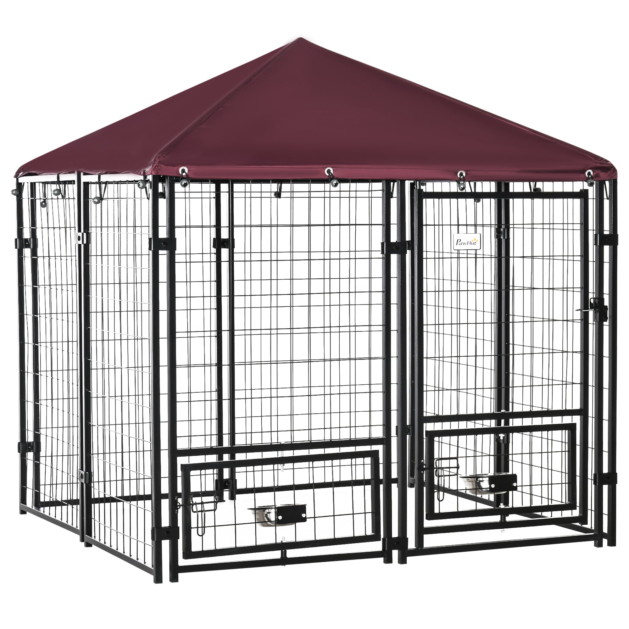 PawHut Outdoor Dog Kennel, Run, Large Wire Steel Fence, Lockable Pet Playpen Enclosure, with Water-, UV-Resistant Canopy Top, Door, Rotating Bowl Holders, 4.6ft x 4.6ft x 5ft