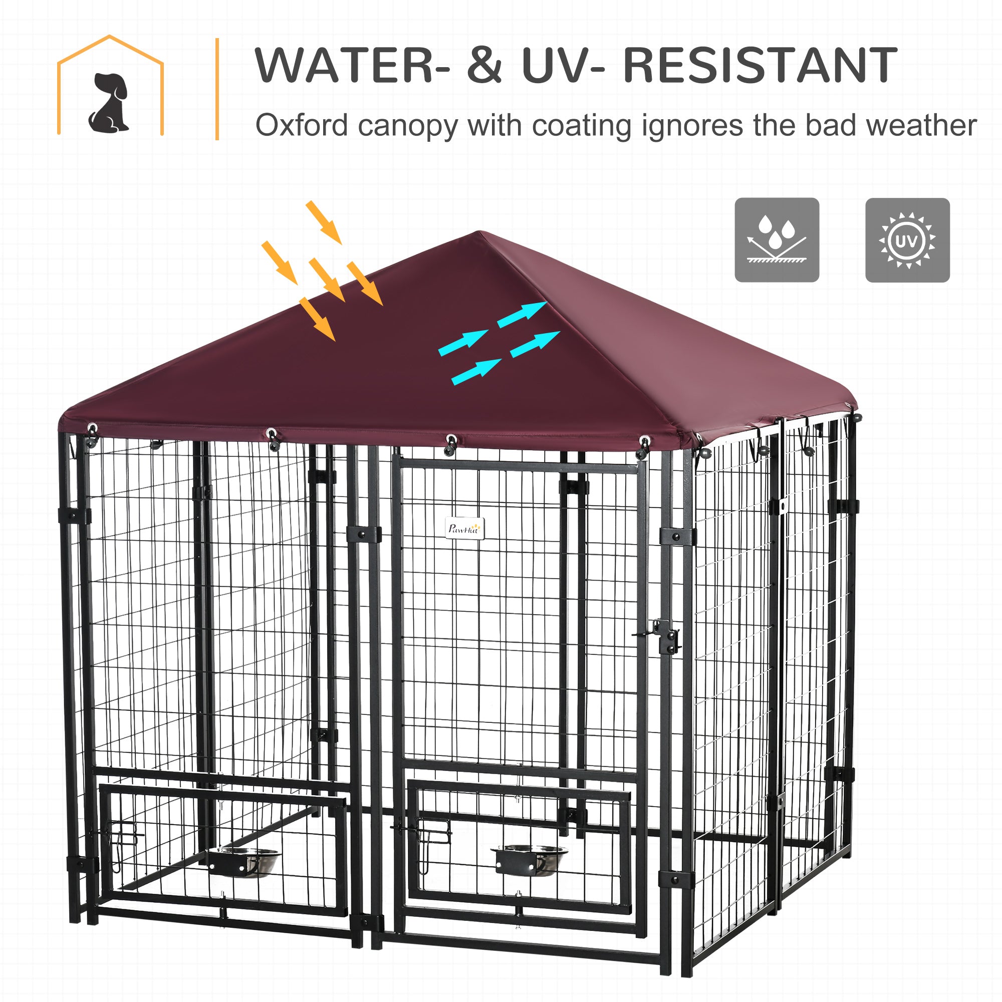 PawHut Outdoor Dog Kennel, Run, Large Wire Steel Fence, Lockable Pet Playpen Enclosure, with Water-, UV-Resistant Canopy Top, Door, Rotating Bowl Holders, 4.6ft x 4.6ft x 5ft