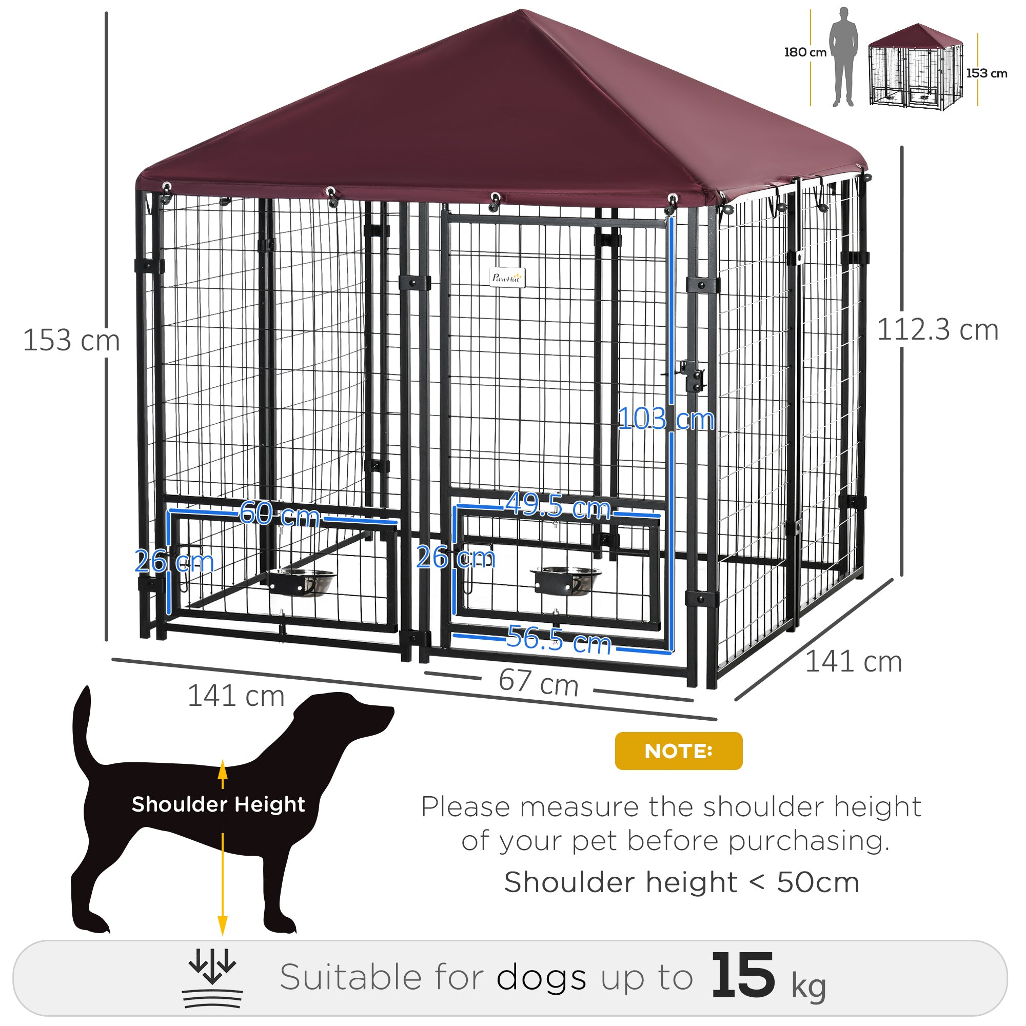PawHut Outdoor Dog Kennel with Rotating Bowl Holders, Dog Run with Water and UV-Resistant Cover for Medium & Small Dogs, Red