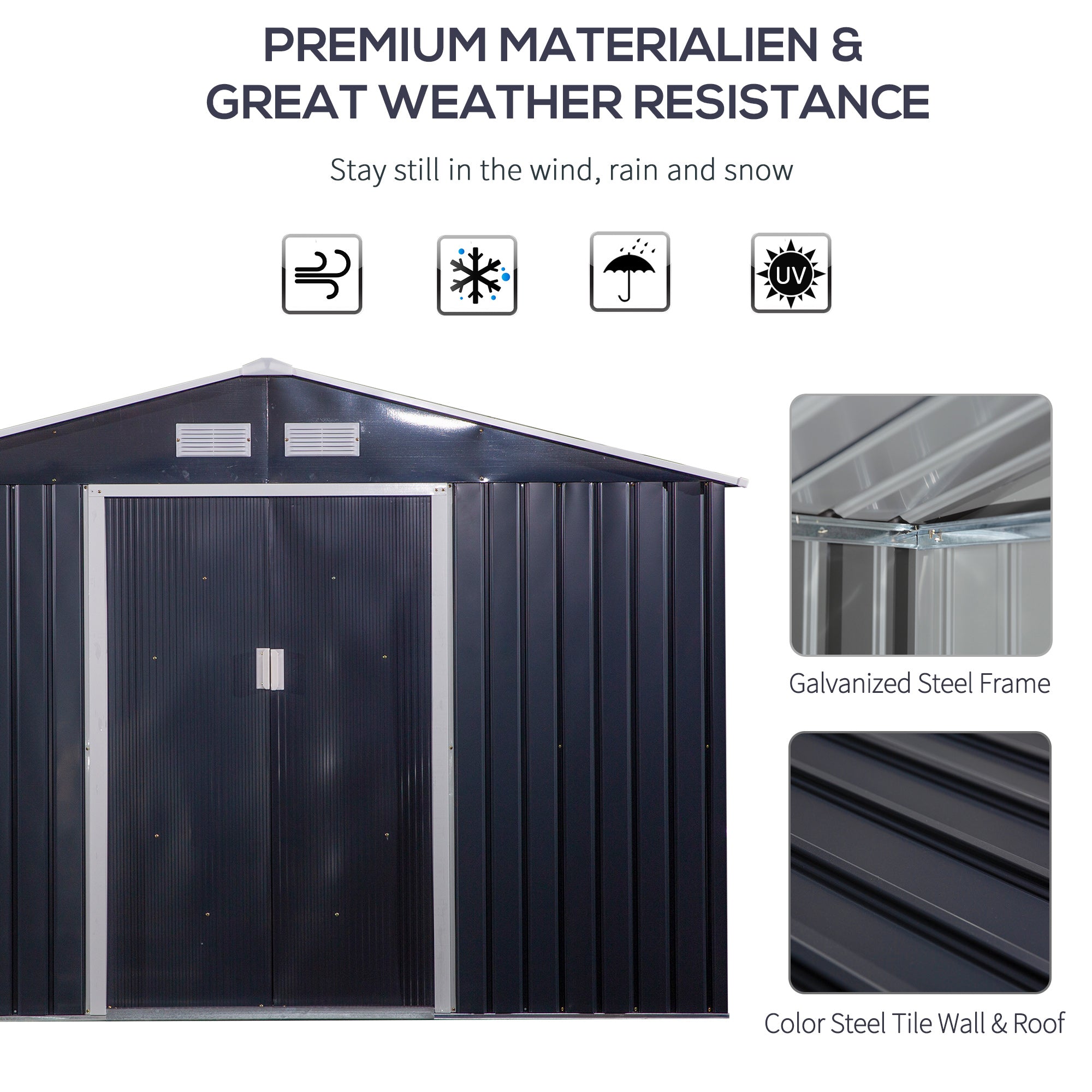 Outsunny 9' x 11' Garden Storage Shed with Foundation Kit, Metal Tool Storage House with Double Doors for Outdoor Patio Yard, Dark Grey