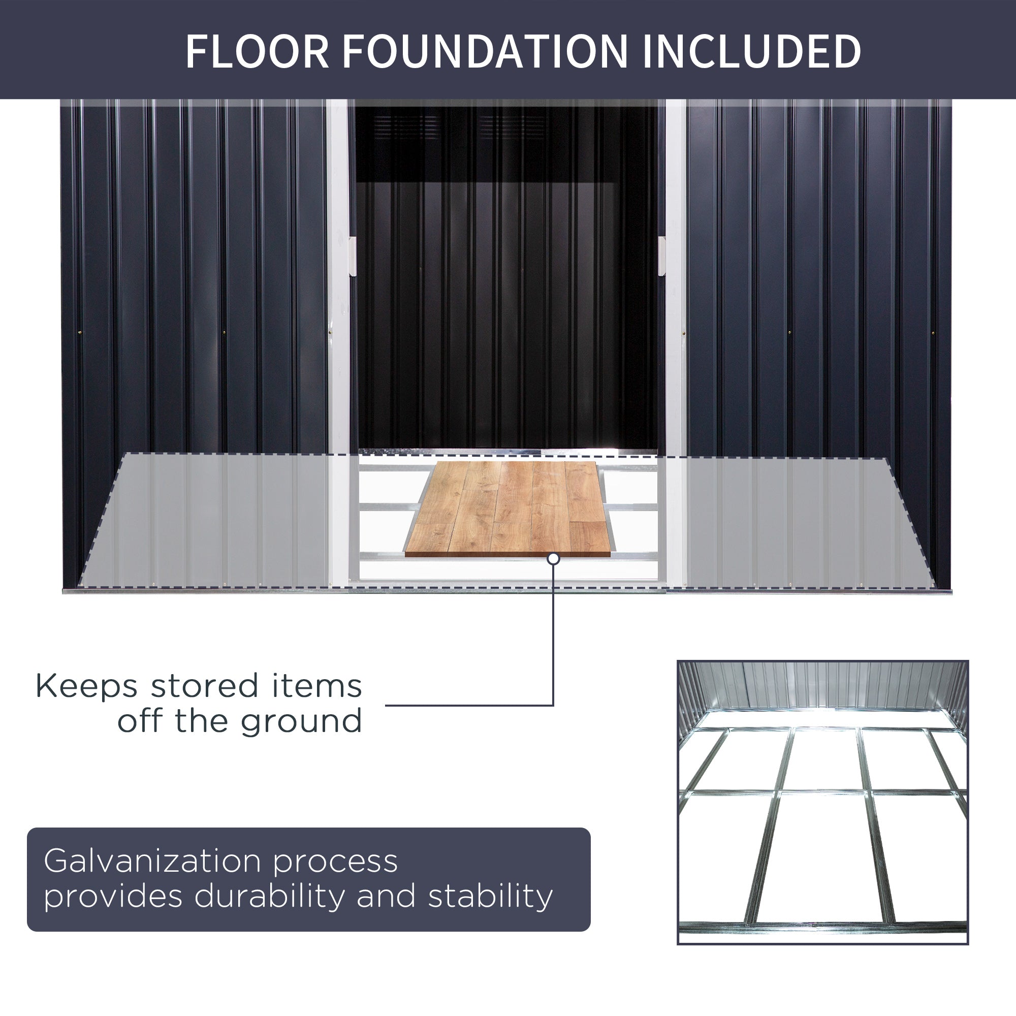 Outsunny 9' x 11' Garden Storage Shed with Foundation Kit, Metal Tool Storage House with Double Doors for Outdoor Patio Yard, Dark Grey