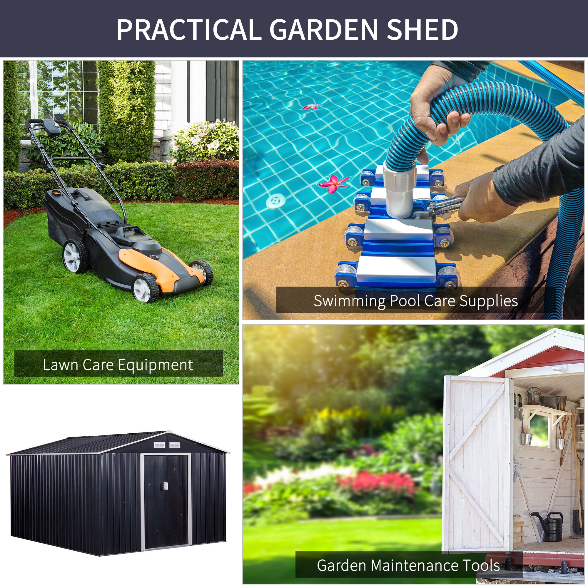 Outsunny 9' x 11' Garden Storage Shed with Foundation Kit, Metal Tool Storage House with Double Doors for Outdoor Patio Yard, Dark Grey
