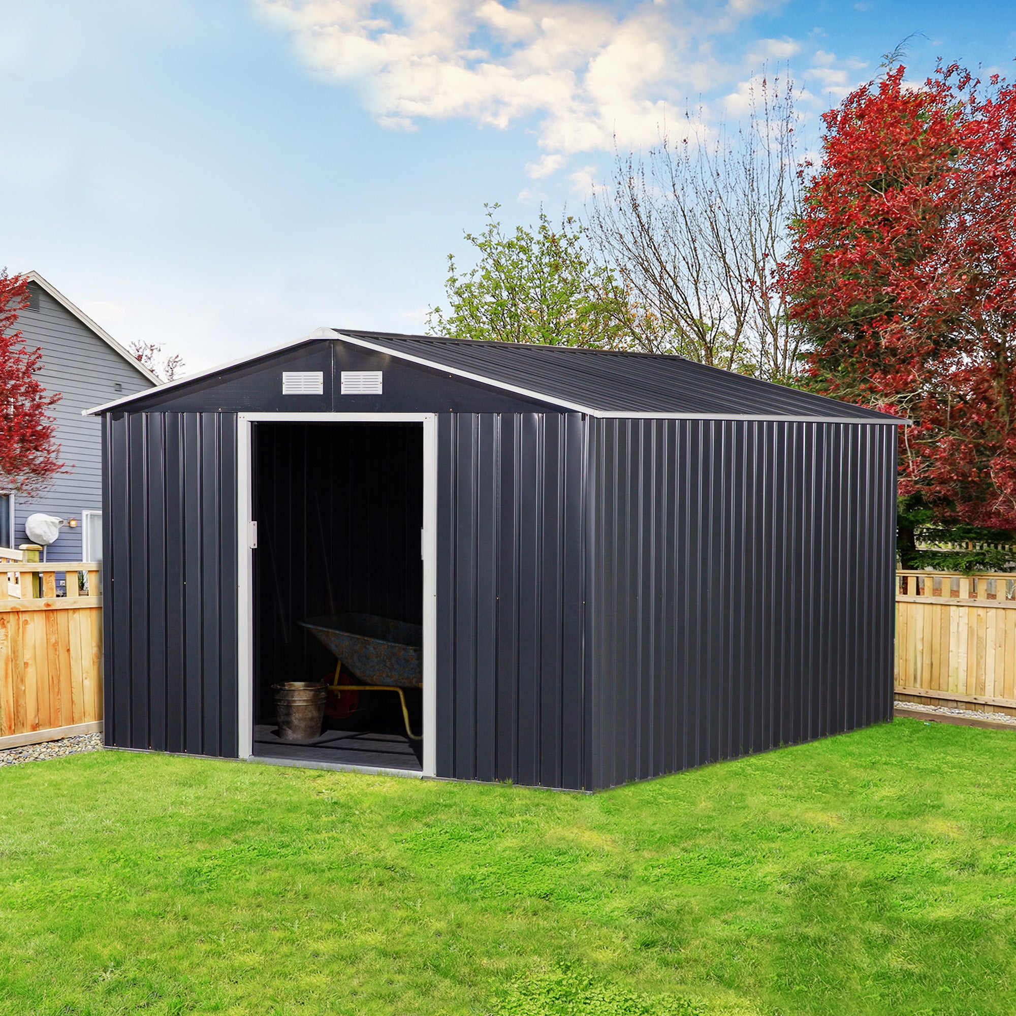 Outsunny 9' x 11' Garden Storage Shed with Foundation Kit, Metal Tool Storage House with Double Doors for Outdoor Patio Yard, Dark Grey