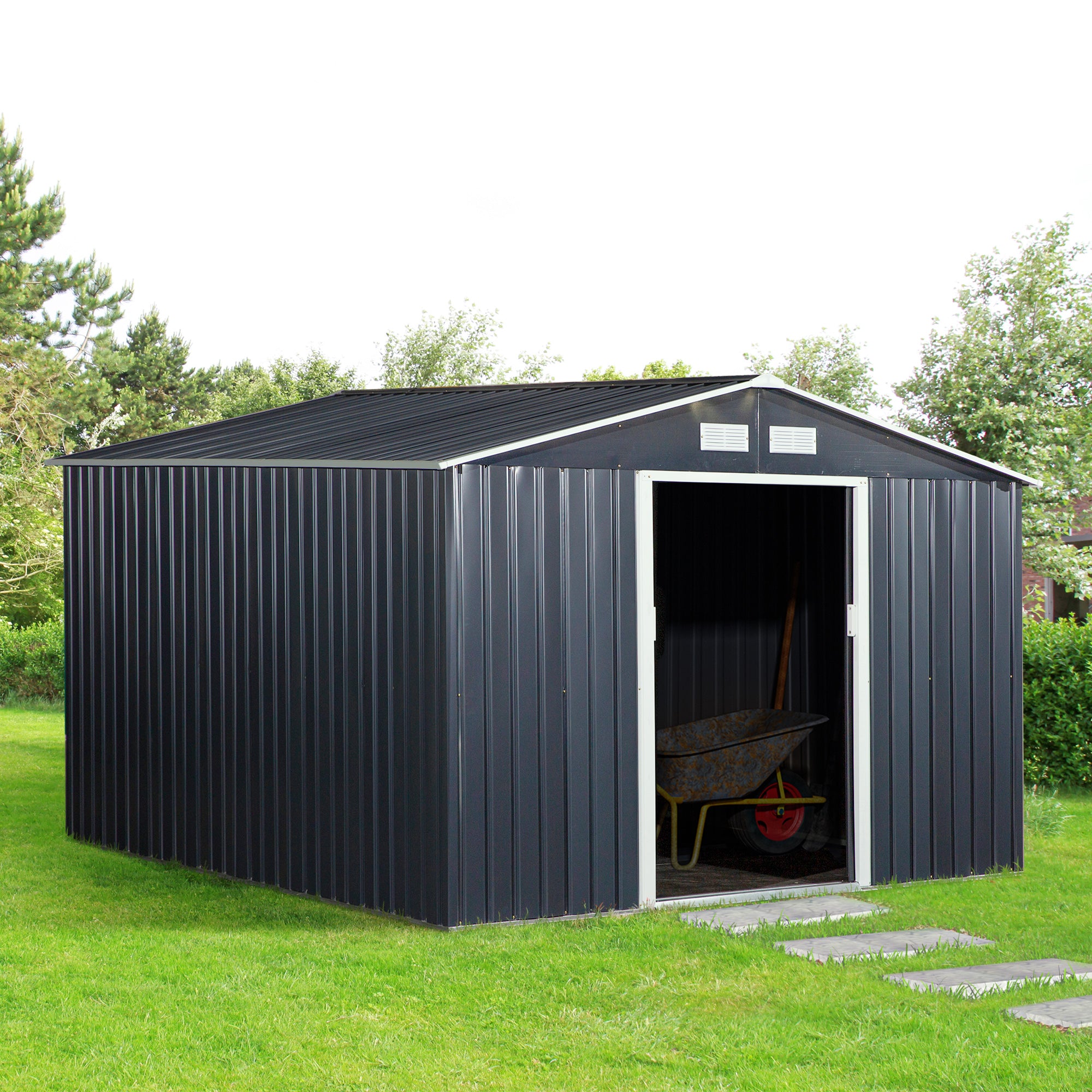 Outsunny 9' x 11' Garden Storage Shed with Foundation Kit, Metal Tool Storage House with Double Doors for Outdoor Patio Yard, Dark Grey