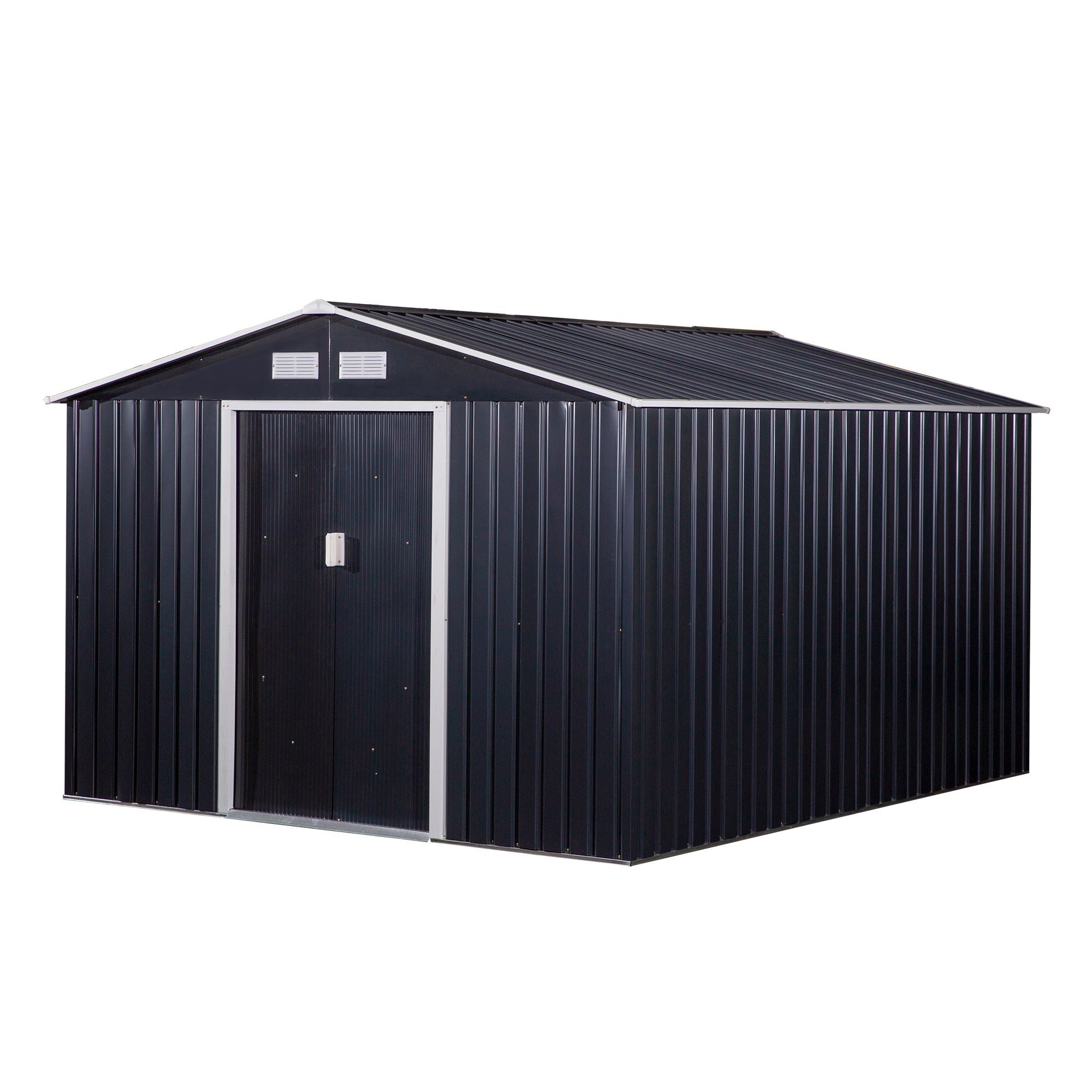 Outsunny 9' x 11' Garden Storage Shed with Foundation Kit, Metal Tool Storage House with Double Doors for Outdoor Patio Yard, Dark Grey