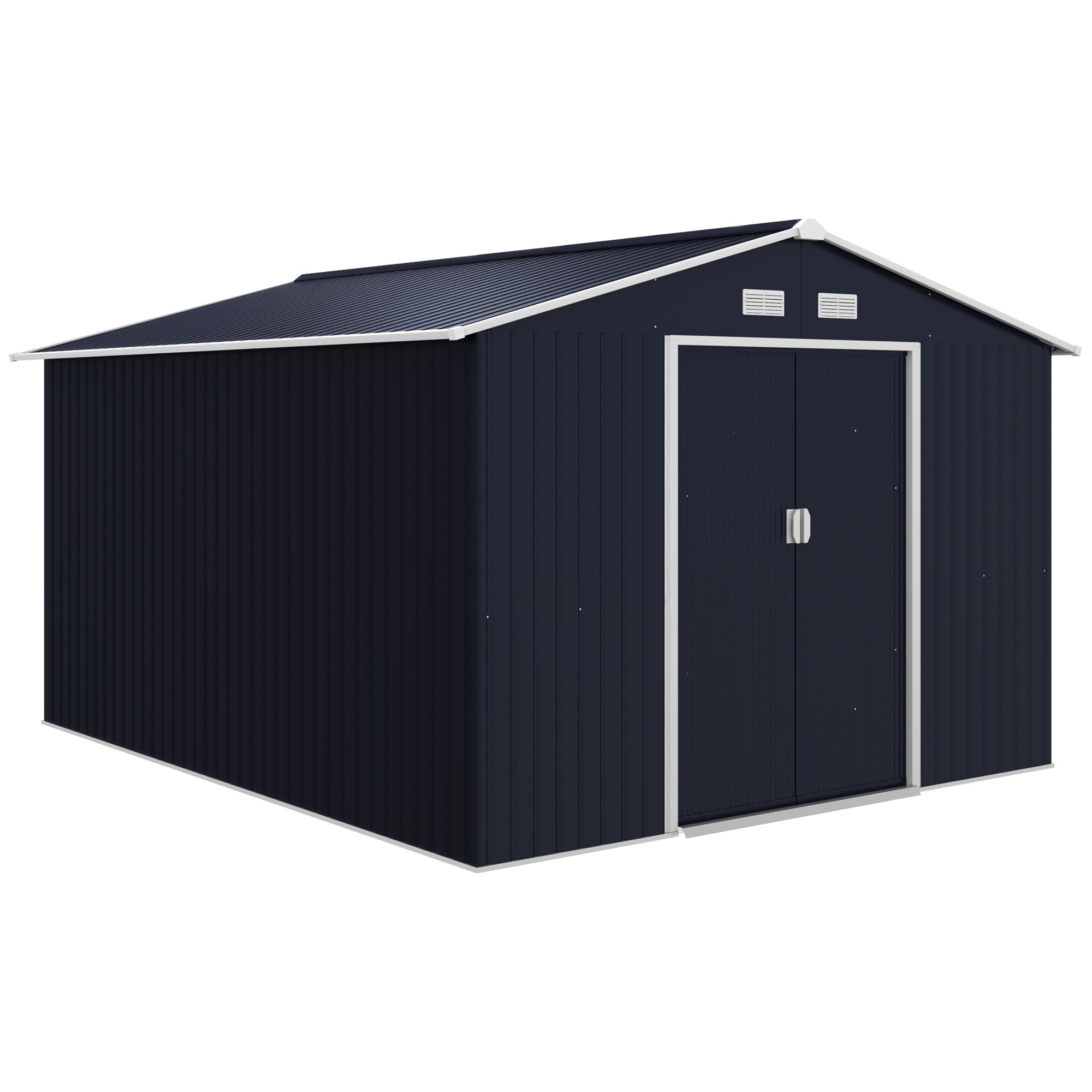 Outsunny 9' x 11' Garden Storage Shed with Foundation Kit, Metal Tool Storage House with Double Doors for Outdoor Patio Yard, Dark Grey