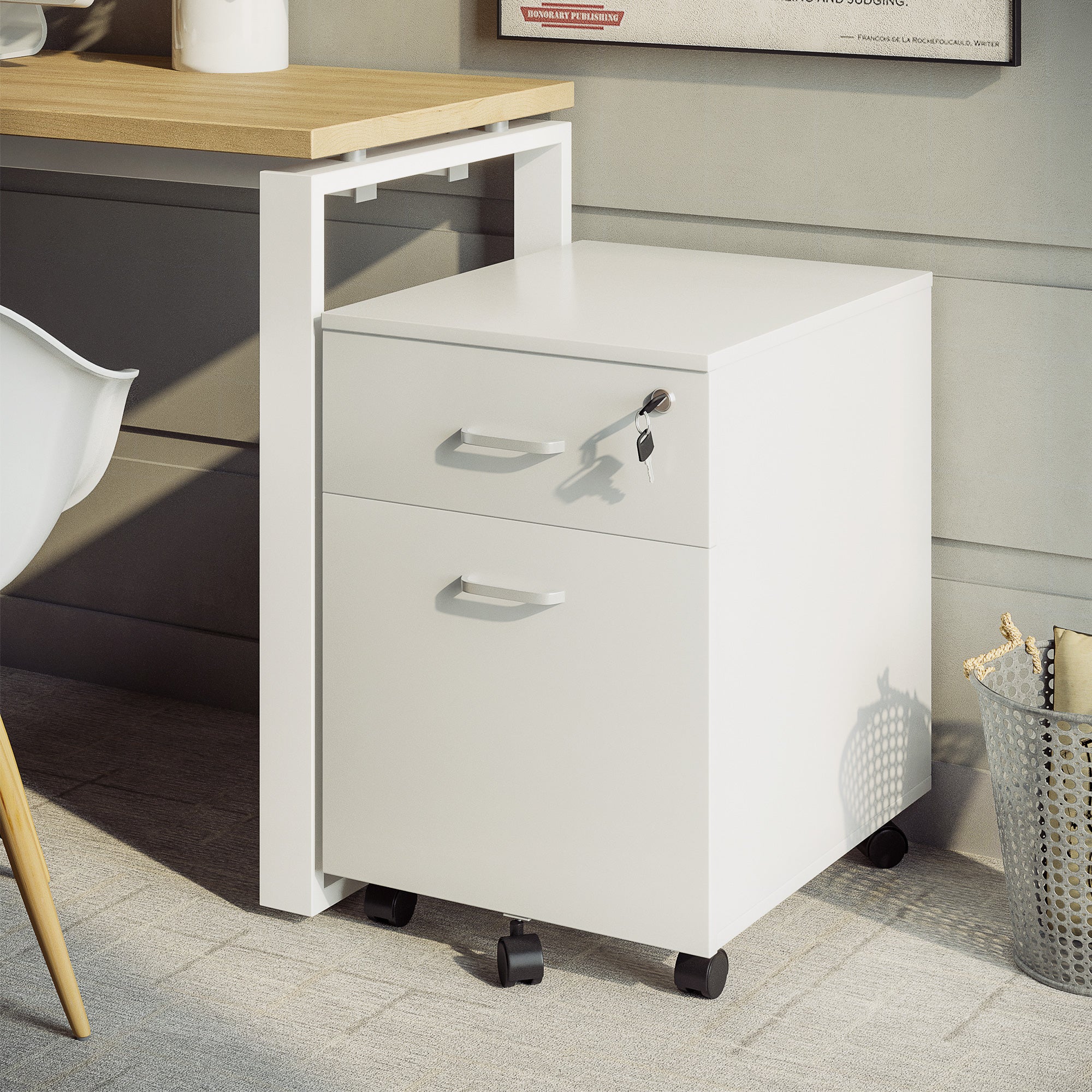 Vinsetto 2 Drawer File Cabinet with Lock and Keys, Mobile Vertical Filing Cabinet with Wheels and Drawers, Home Office Cabinet, White
