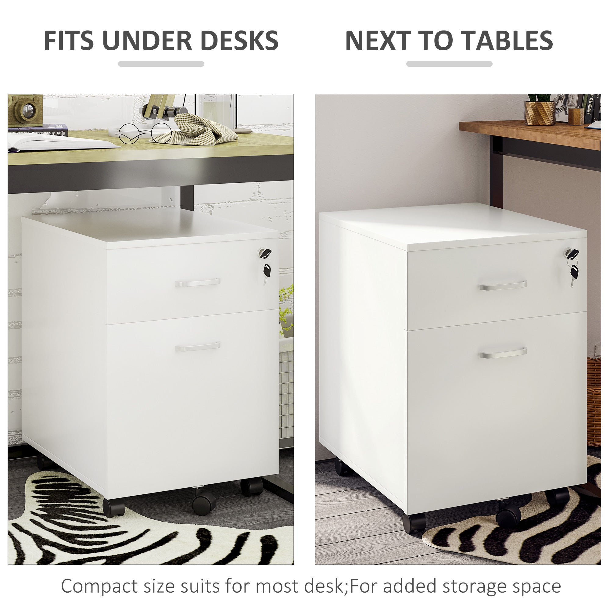 Vinsetto 2 Drawer File Cabinet with Lock and Keys, Mobile Vertical Filing Cabinet with Wheels and Drawers, Home Office Cabinet, White