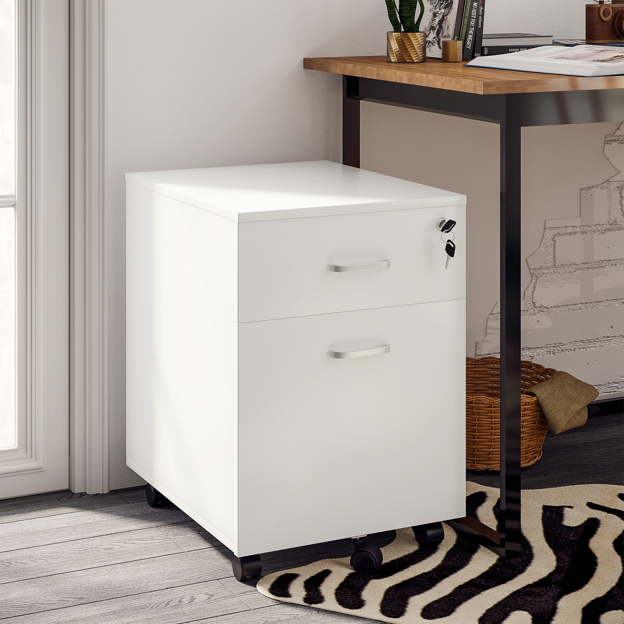 Vinsetto 2 Drawer File Cabinet with Lock and Keys, Mobile Vertical Filing Cabinet with Wheels and Drawers, Home Office Cabinet, White