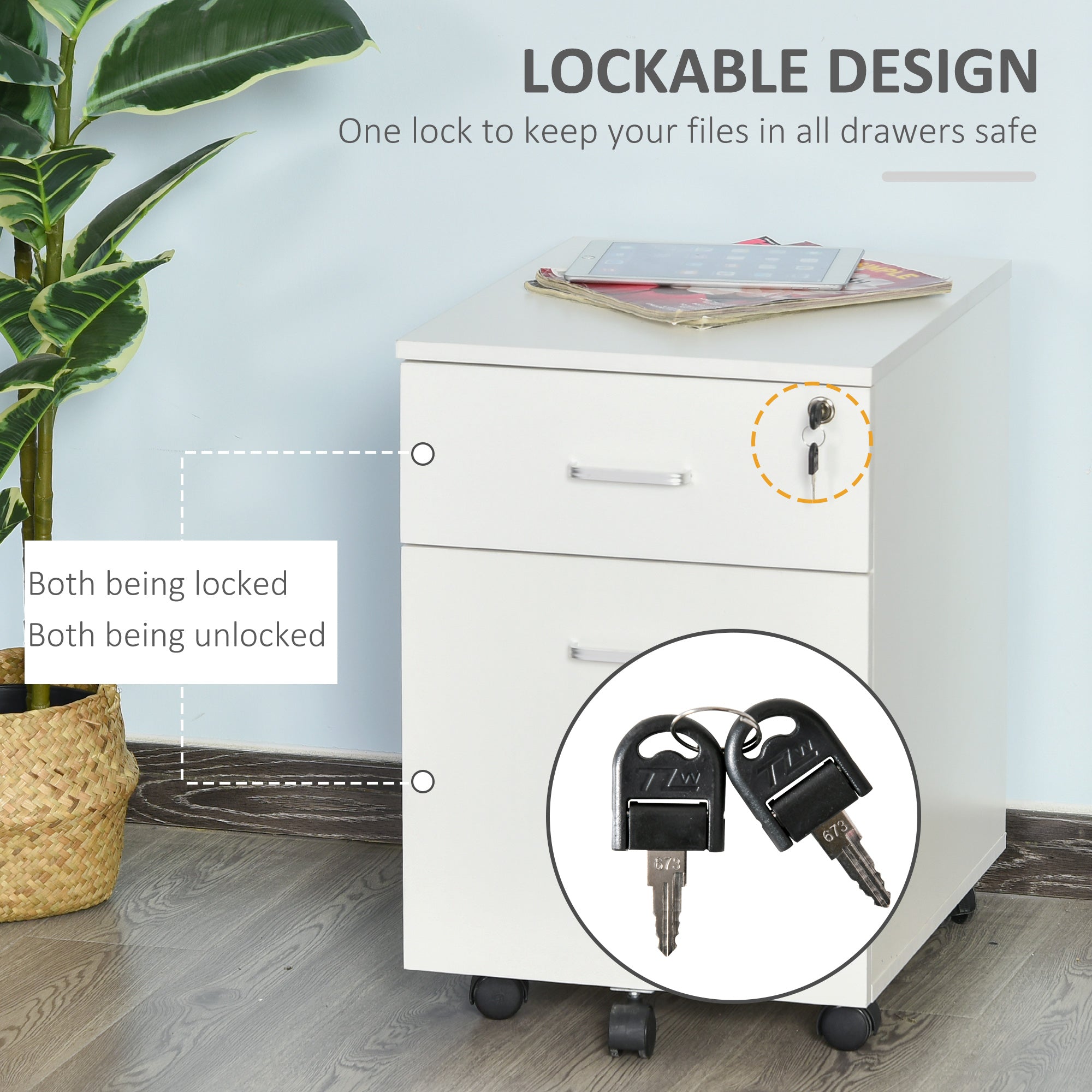 Vinsetto 2 Drawer File Cabinet with Lock and Keys, Mobile Vertical Filing Cabinet with Wheels and Drawers, Home Office Cabinet, White
