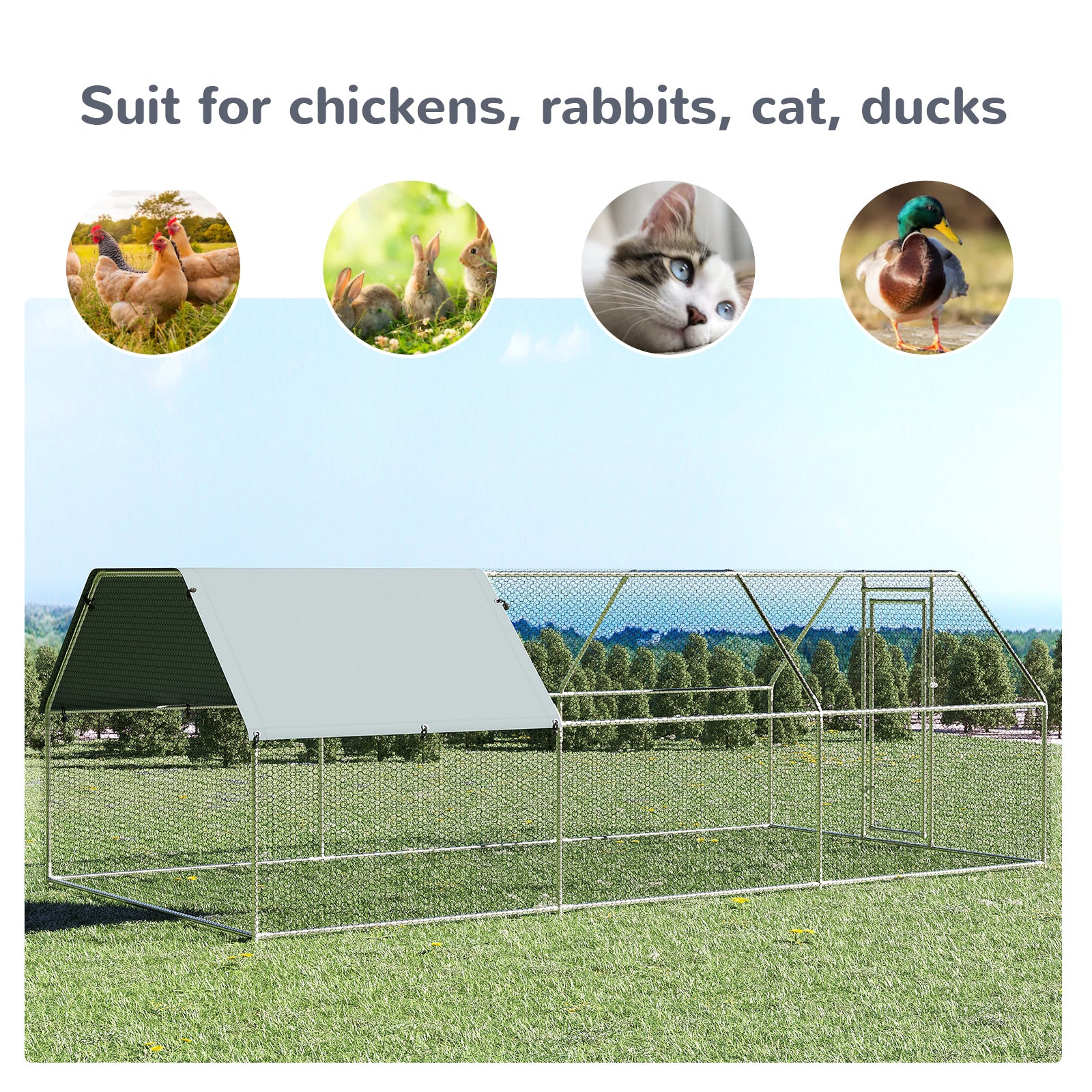 PawHut 9.2' x 18.7' Metal Chicken Coop, Galvanized Walk-in Hen House, Poultry Cage Outdoor Backyard with Waterproof UV-Protection Cover for Rabbits, Ducks