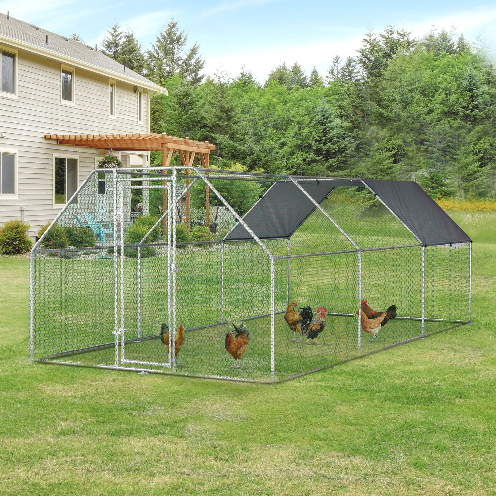 PawHut 9.2' x 18.7' Metal Chicken Coop, Galvanized Walk-in Hen House, Poultry Cage Outdoor Backyard with Waterproof UV-Protection Cover for Rabbits, Ducks