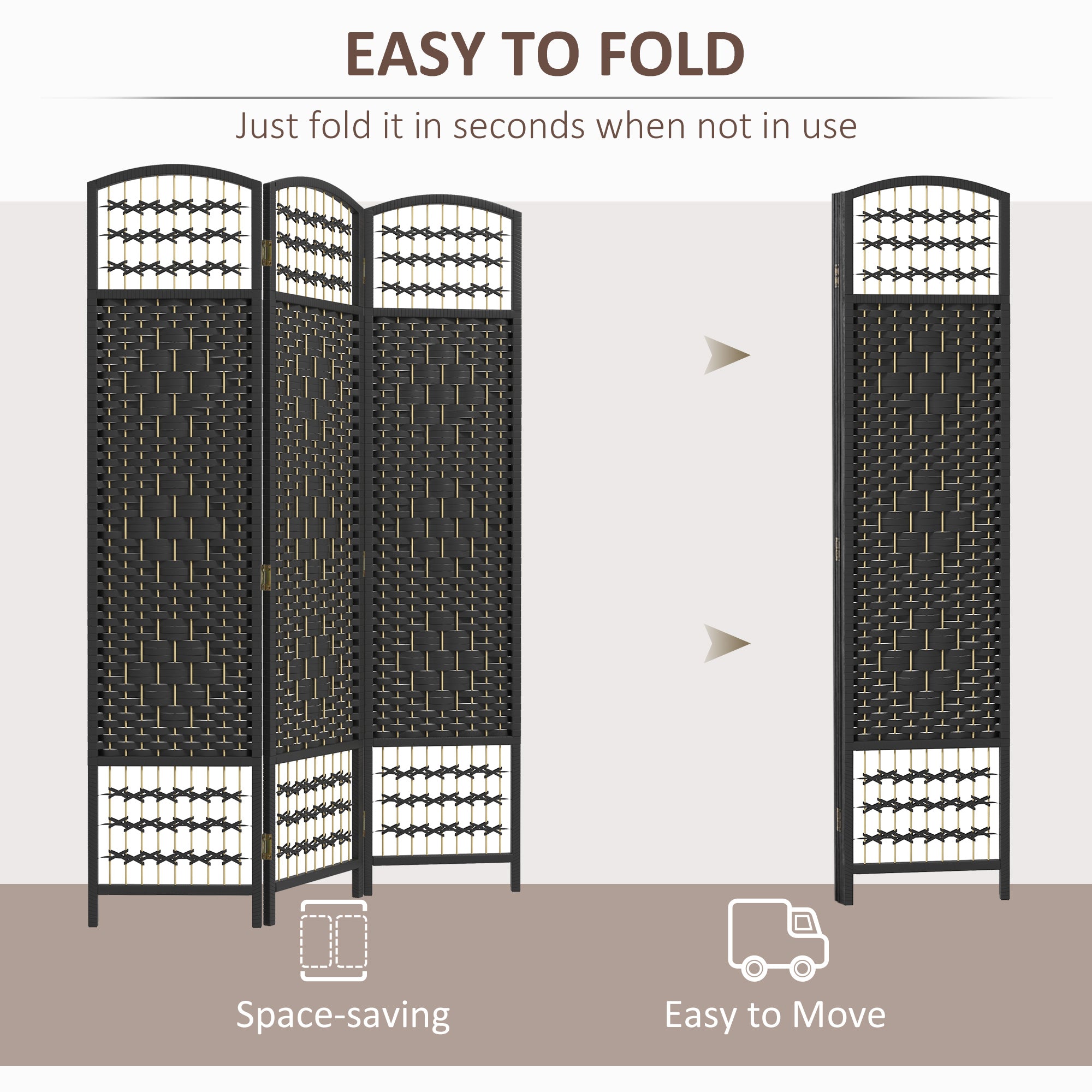 HOMCOM 3 Panel Room Divider, 5.6 ft Tall Folding Privacy Screen, Wave Fiber Freestanding Partition Wall Divider for Home Office, Black