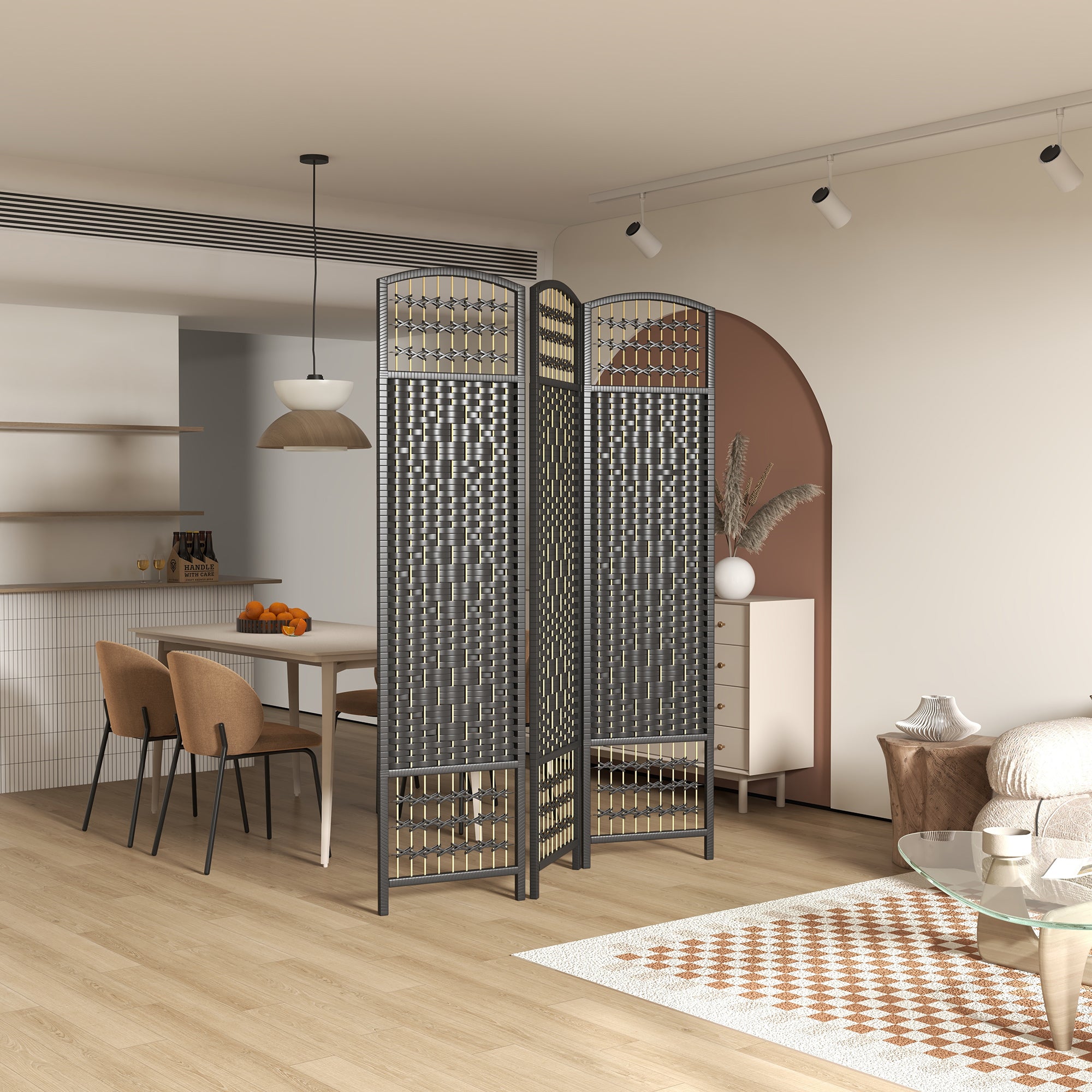 HOMCOM 3 Panel Room Divider, 5.6 ft Tall Folding Privacy Screen, Wave Fiber Freestanding Partition Wall Divider for Home Office, Black