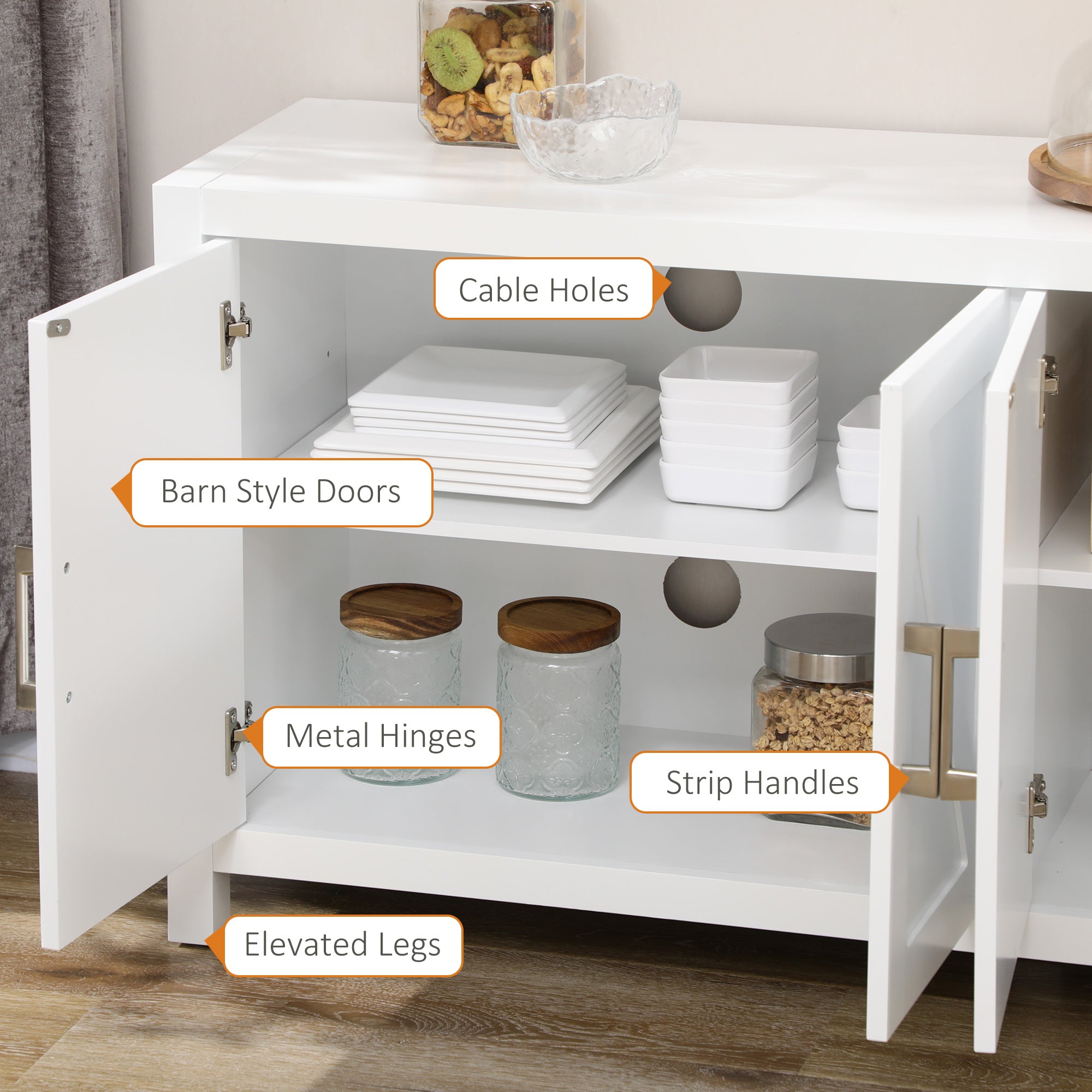 HOMCOM Farmhouse Kitchen Sideboard, Buffet Cabinet with 2 Barn Style Door Cupboards, TV Cabinet Stand for TVs up to 65" with 4 Cable Holes for Living Room, White