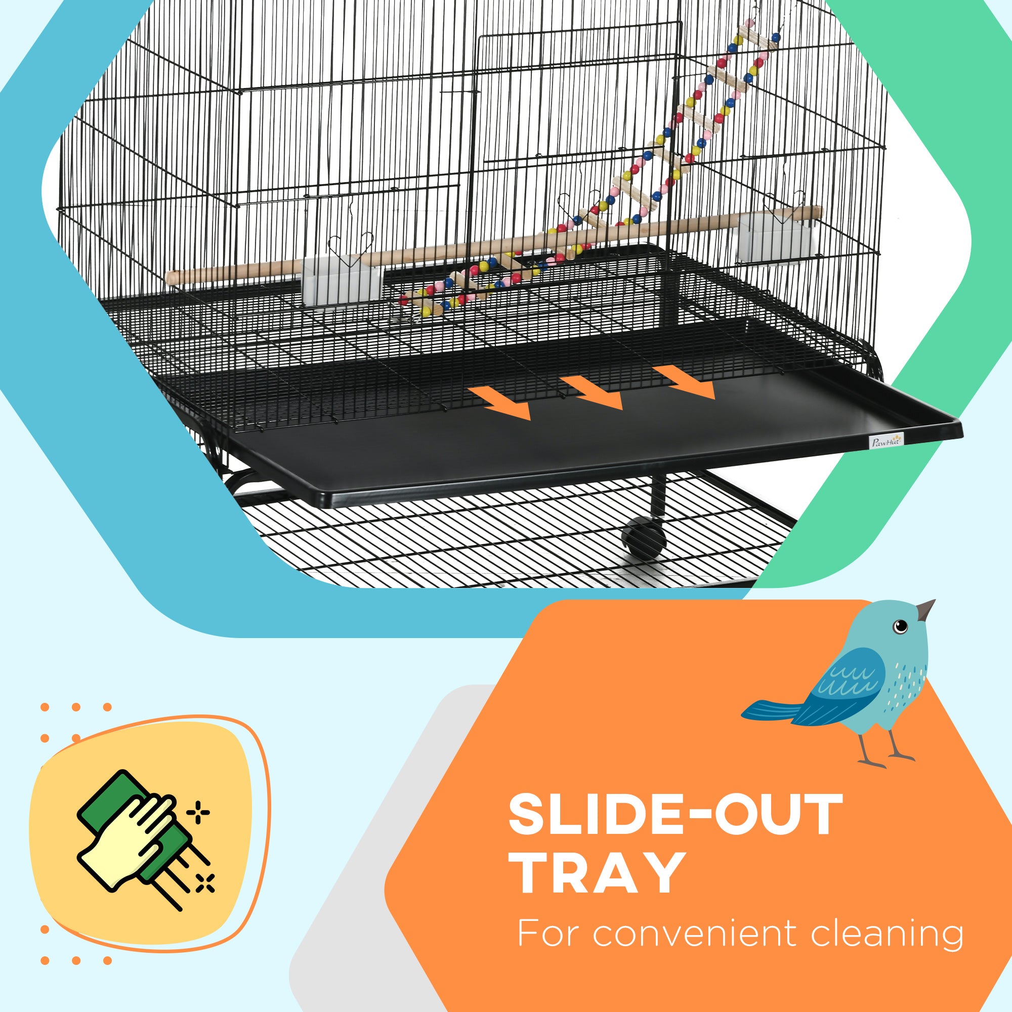 PawHut 63" Bird Cage With Open Top for Budgies, Cockatiels Canaries, Lovebirds Finches with Rolling Stand, Toys, Removable Tray, Storage Shelf