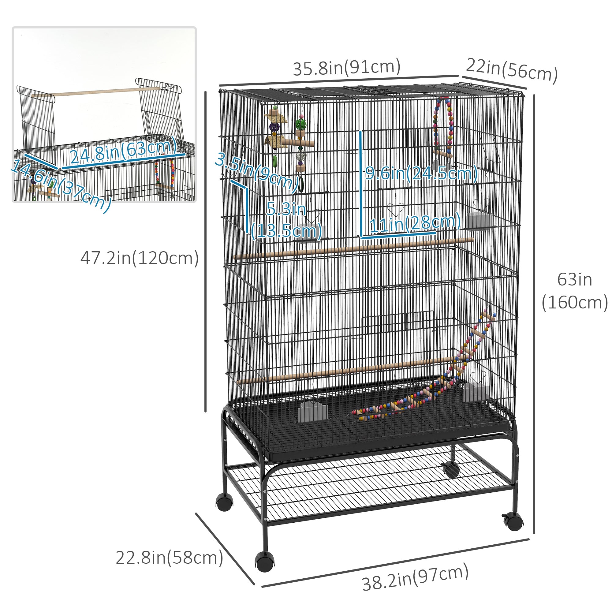 PawHut 63" Bird Cage With Open Top for Budgies, Cockatiels Canaries, Lovebirds Finches with Rolling Stand, Toys, Removable Tray, Storage Shelf