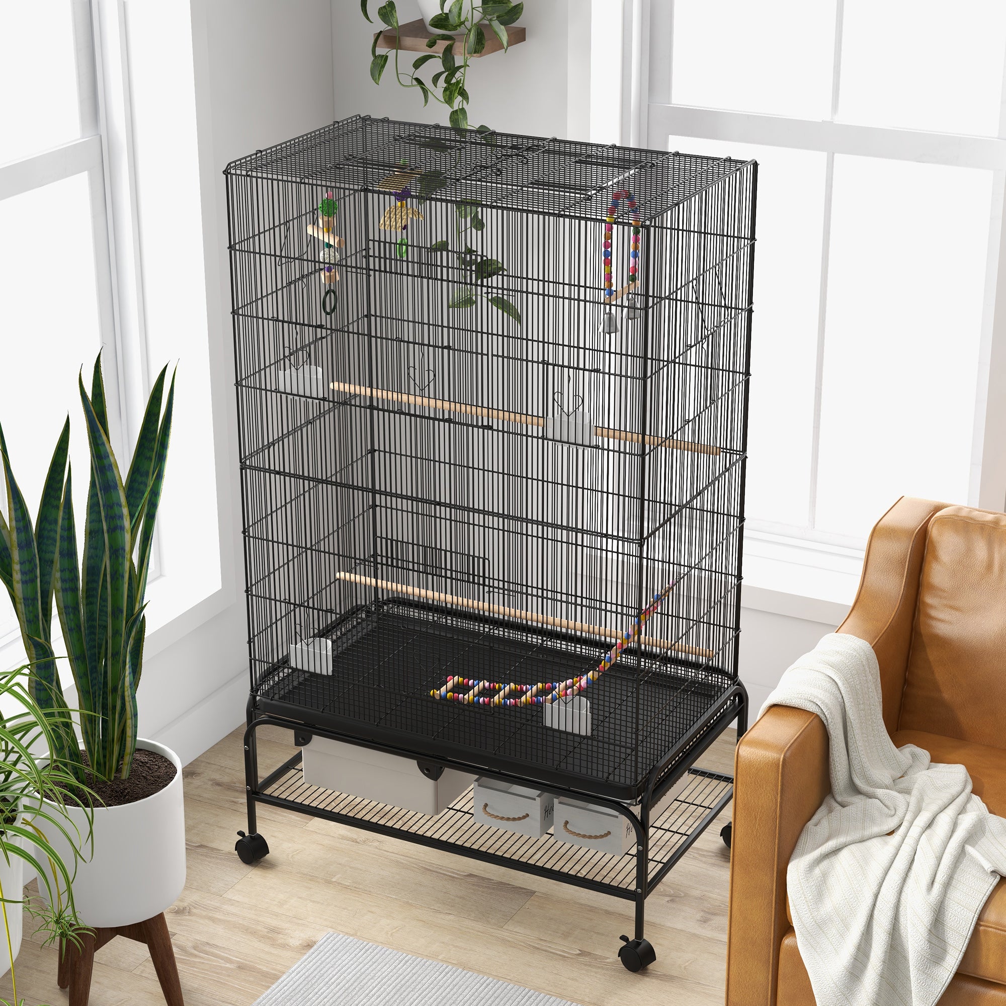 PawHut 63" Bird Cage With Open Top for Budgies, Cockatiels Canaries, Lovebirds Finches with Rolling Stand, Toys, Removable Tray, Storage Shelf
