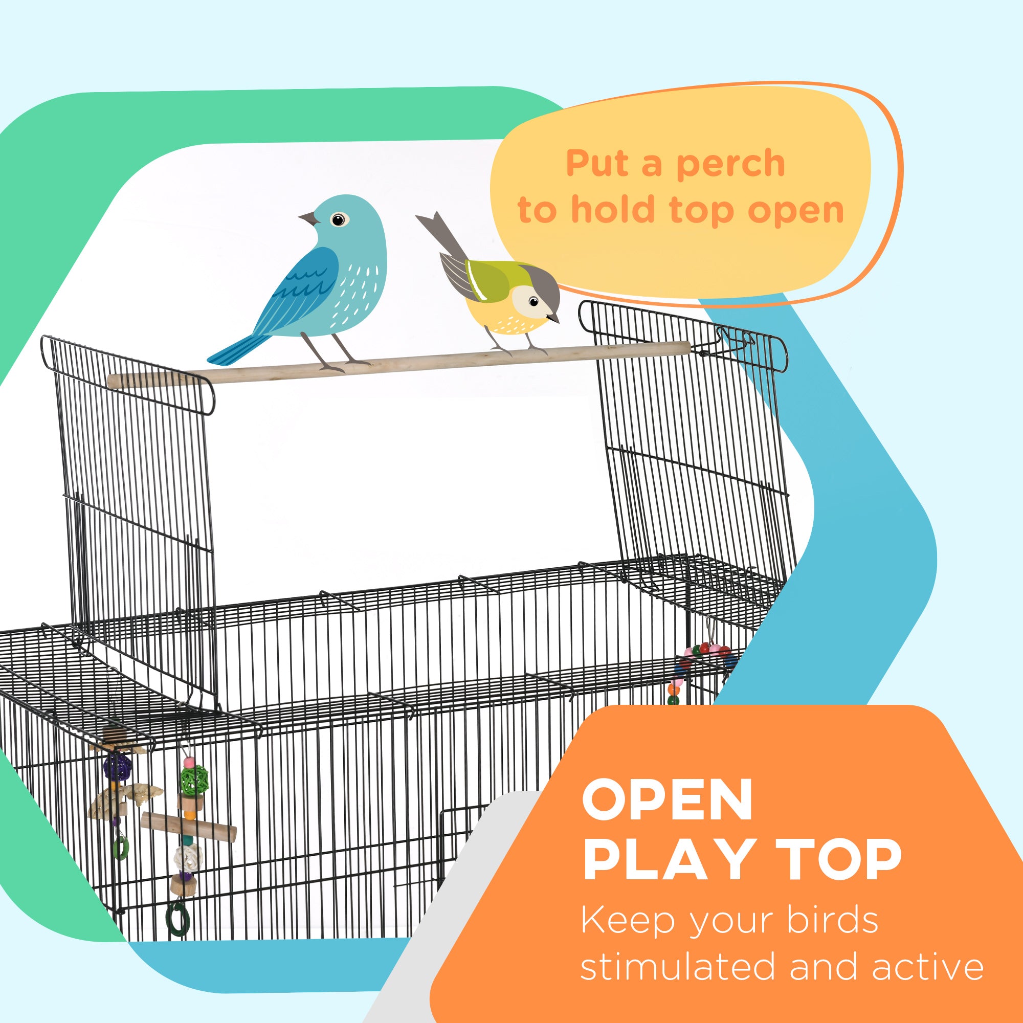 PawHut 63" Bird Cage With Open Top for Budgies, Cockatiels Canaries, Lovebirds Finches with Rolling Stand, Toys, Removable Tray, Storage Shelf
