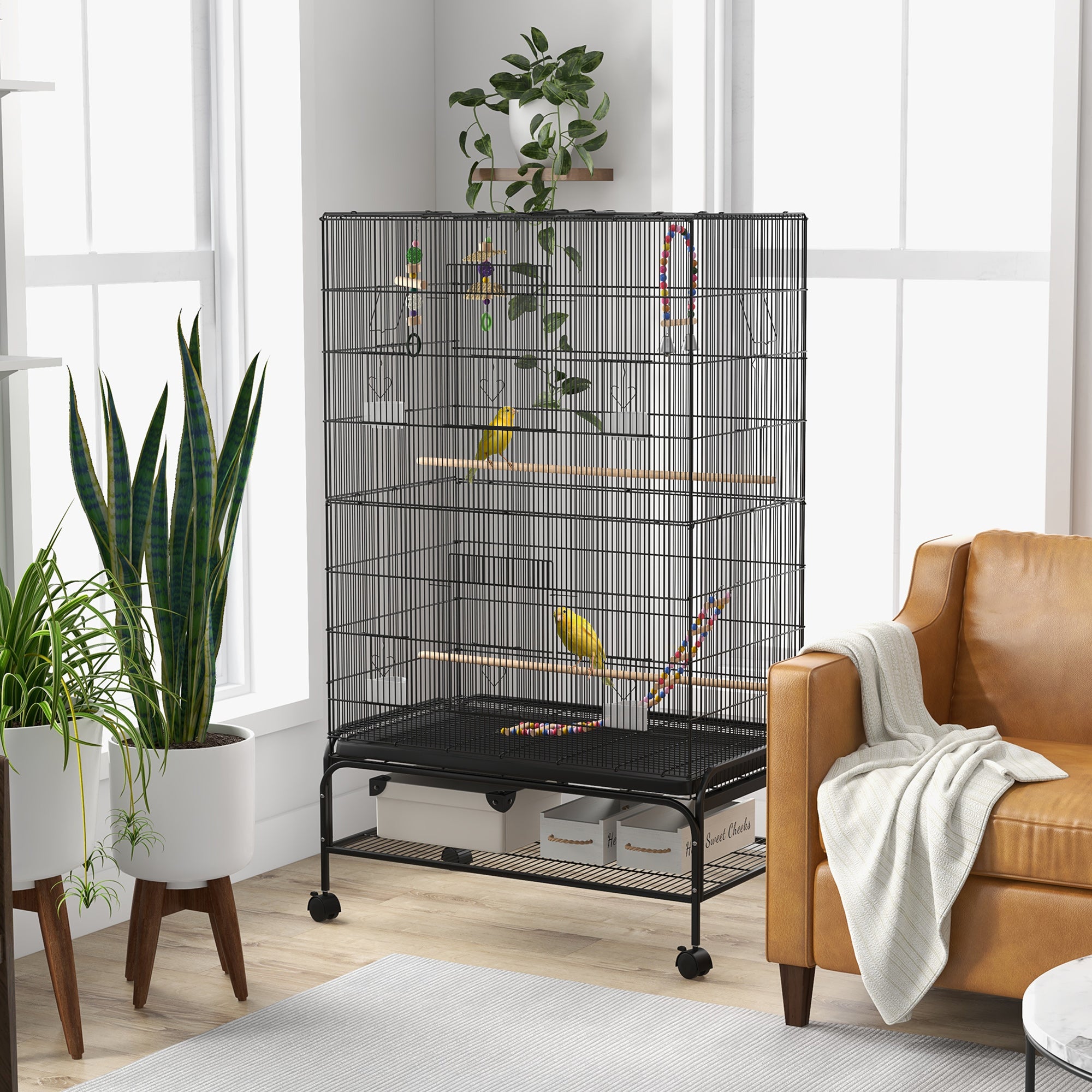 PawHut 63" Bird Cage With Open Top for Budgies, Cockatiels Canaries, Lovebirds Finches with Rolling Stand, Toys, Removable Tray, Storage Shelf
