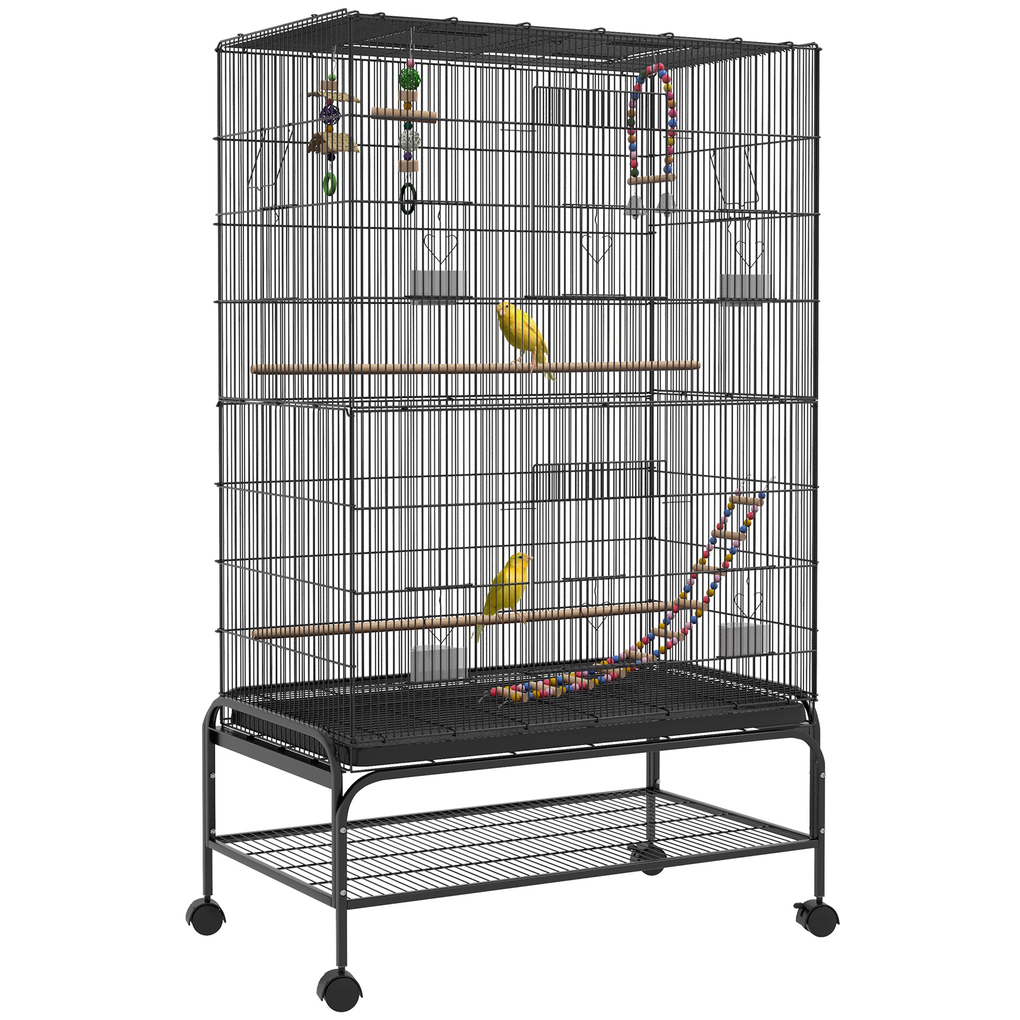 PawHut 63" Bird Cage With Open Top for Budgies, Cockatiels Canaries, Lovebirds Finches with Rolling Stand, Toys, Removable Tray, Storage Shelf