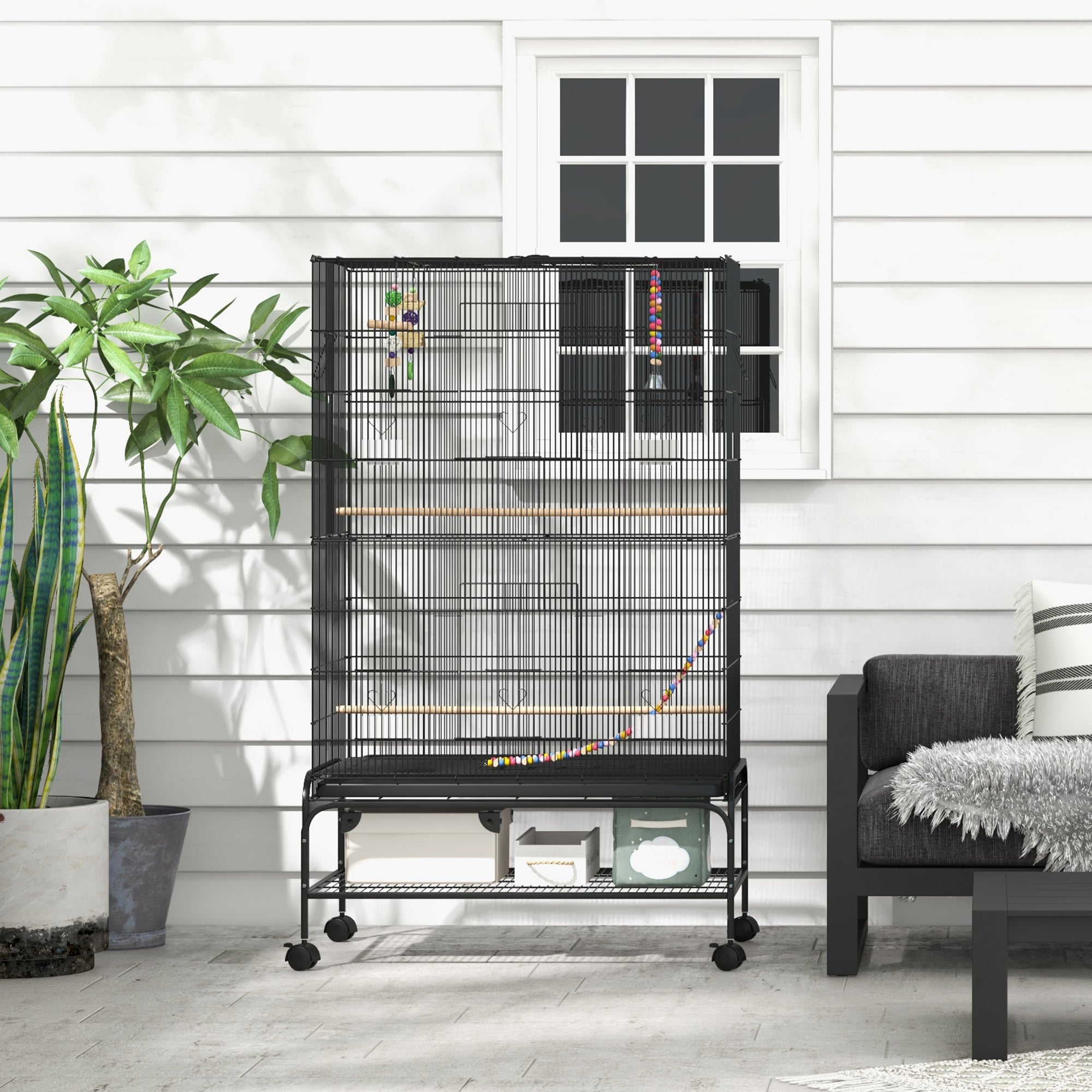 PawHut 63" Bird Cage With Open Top for Budgies, Cockatiels Canaries, Lovebirds Finches with Rolling Stand, Toys, Removable Tray, Storage Shelf