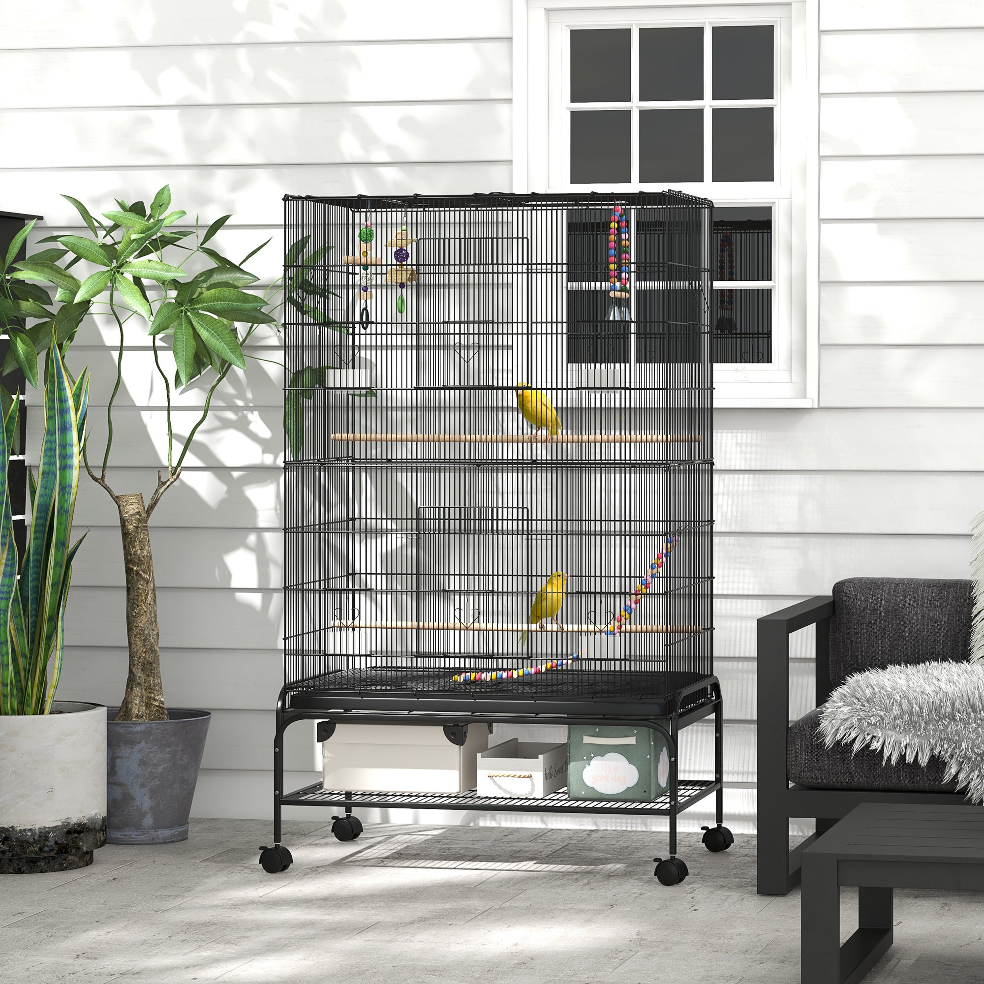 PawHut 63" Bird Cage With Open Top for Budgies, Cockatiels Canaries, Lovebirds Finches with Rolling Stand, Toys, Removable Tray, Storage Shelf