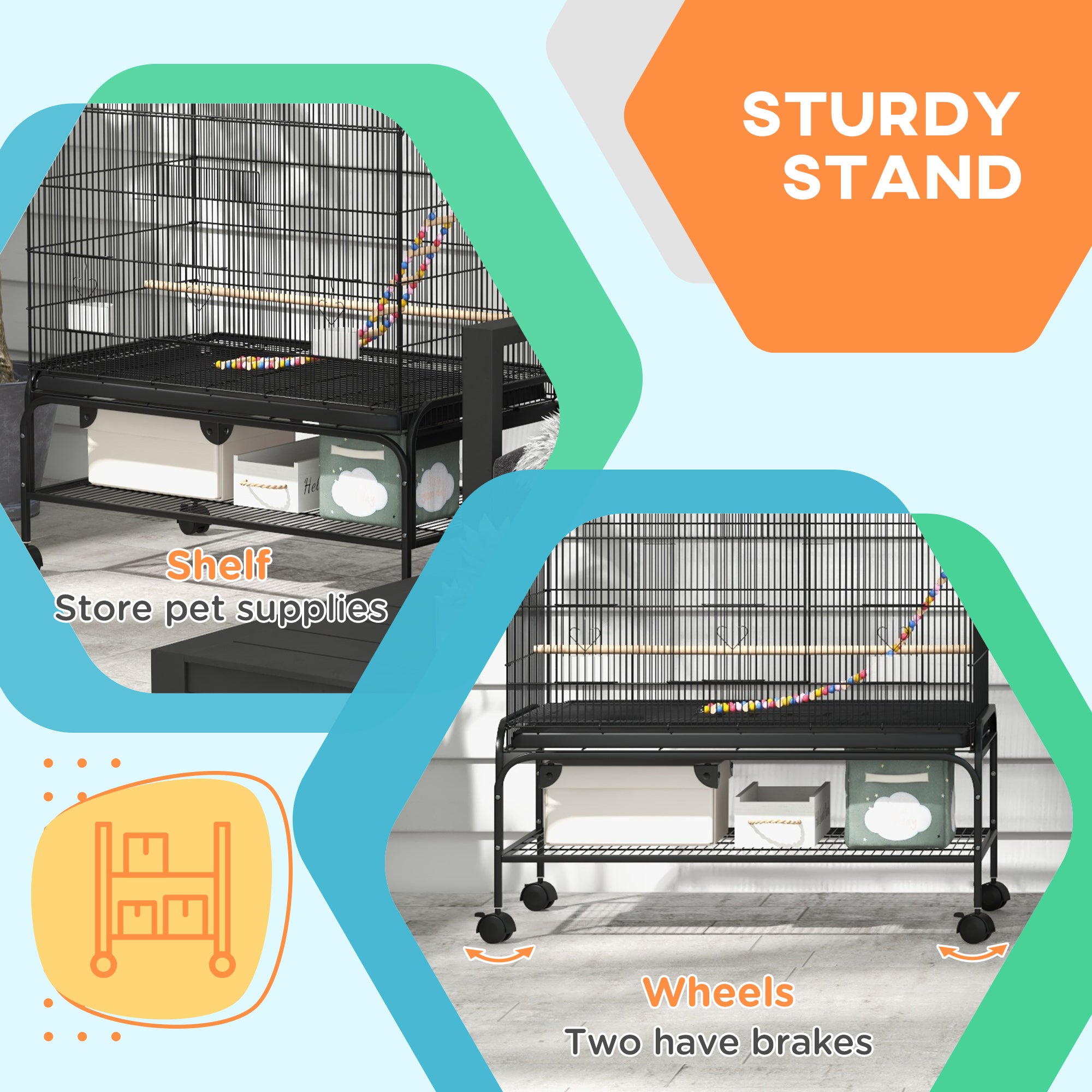 PawHut 63" Bird Cage With Open Top for Budgies, Cockatiels Canaries, Lovebirds Finches with Rolling Stand, Toys, Removable Tray, Storage Shelf