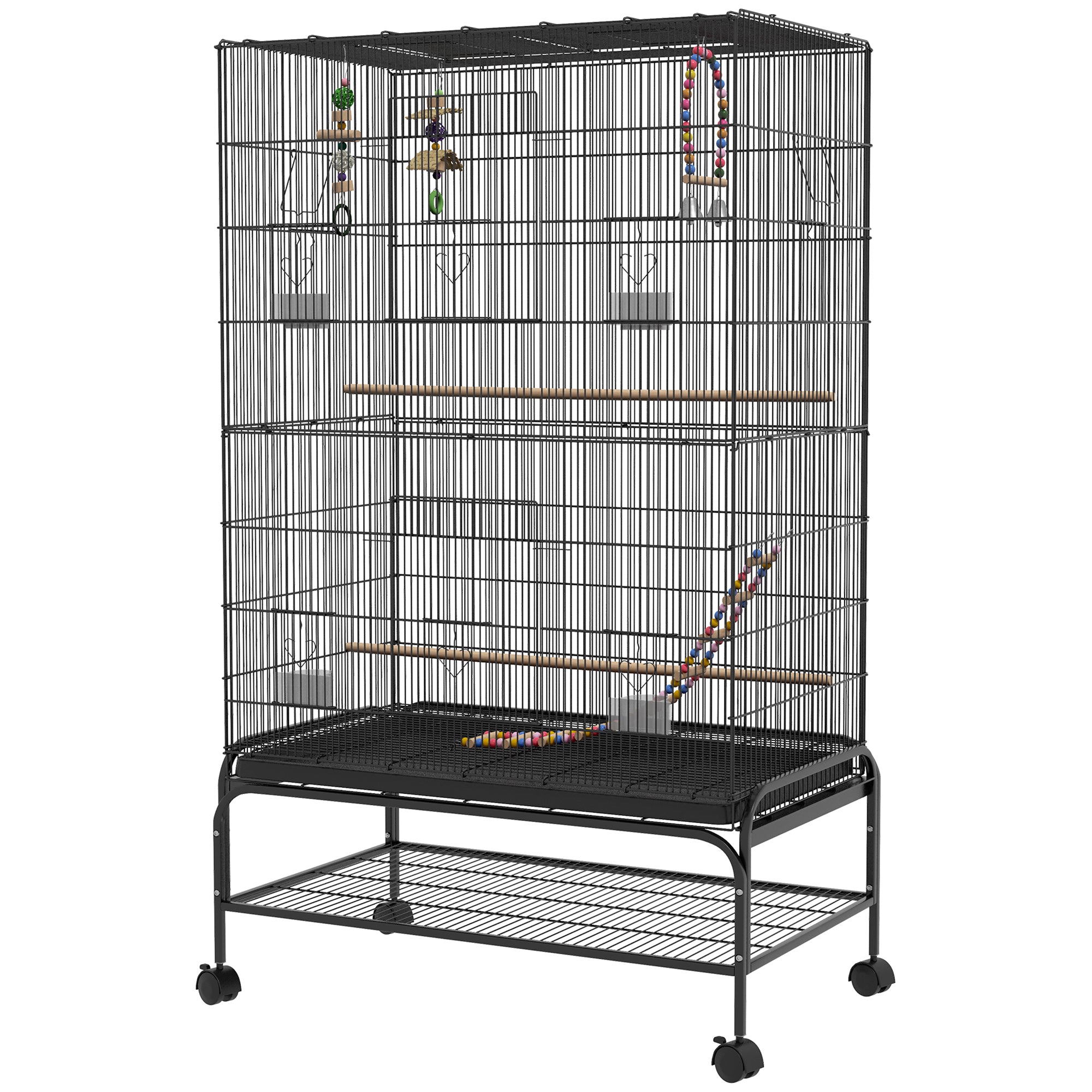 PawHut 63" Bird Cage With Open Top for Budgies, Cockatiels Canaries, Lovebirds Finches with Rolling Stand, Toys, Removable Tray, Storage Shelf