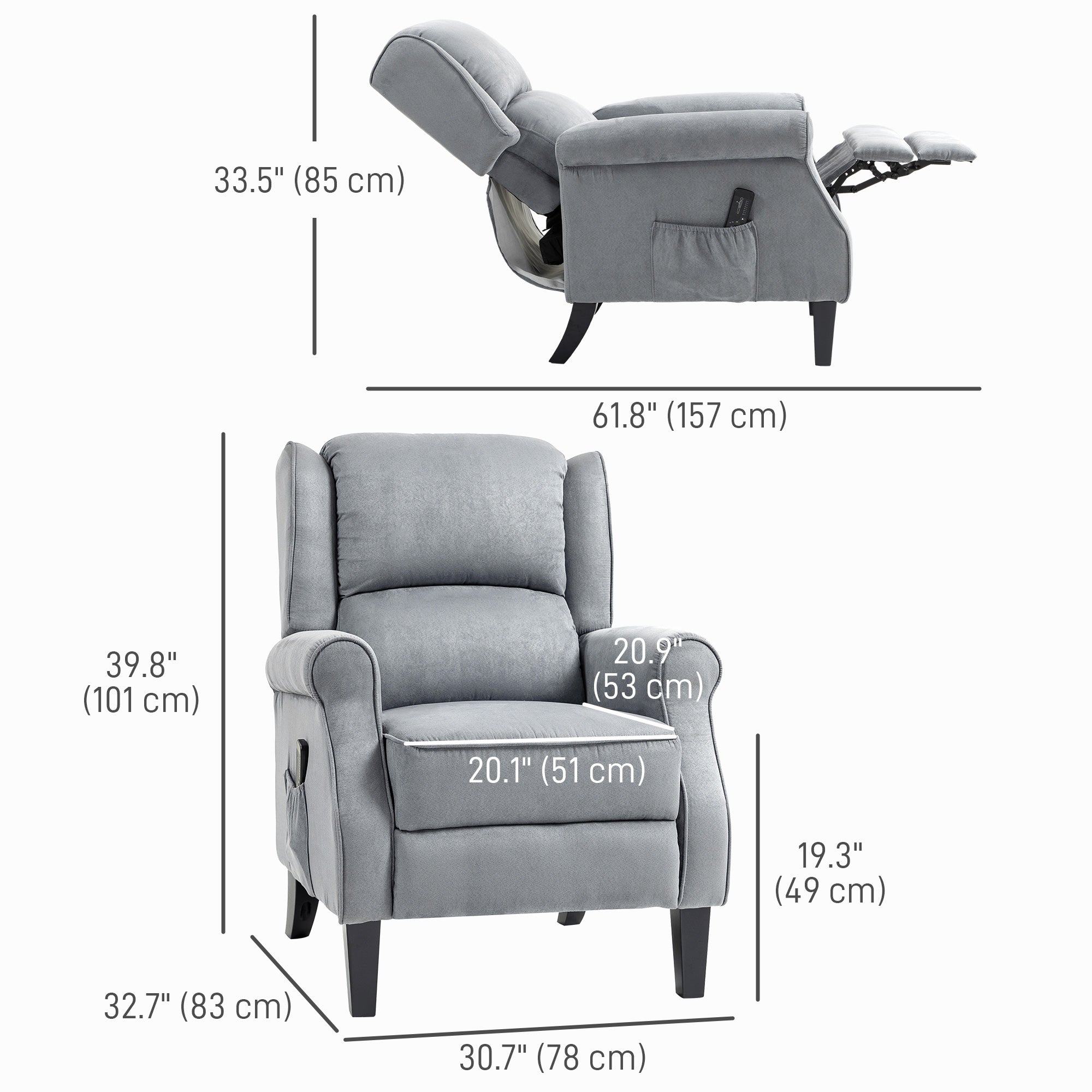 HOMCOM Massage Recliner Chair for Living Room, Push Back Recliner Sofa, Wingback Reclining Chair with Extendable Footrest, Remote Control, Side Pockets, Grey