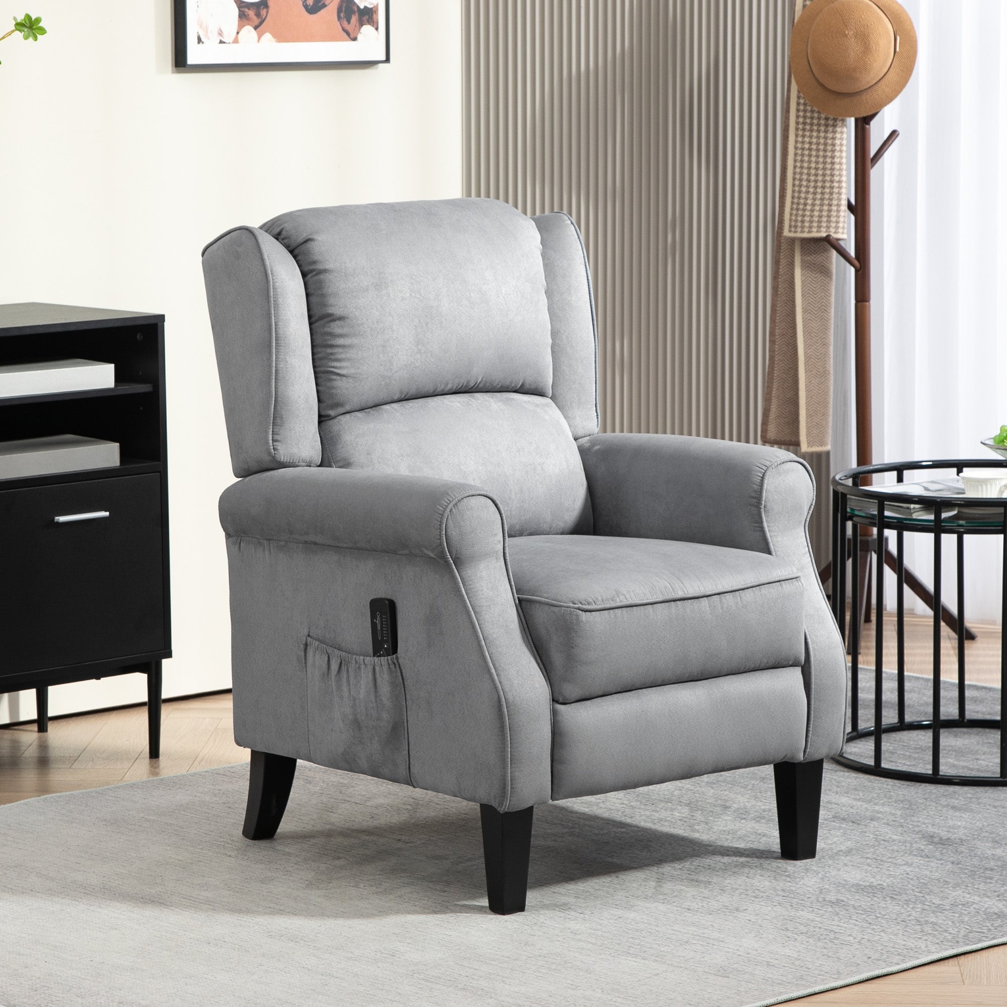 HOMCOM Massage Recliner Chair for Living Room, Push Back Recliner Sofa, Wingback Reclining Chair with Extendable Footrest, Remote Control, Side Pockets, Grey