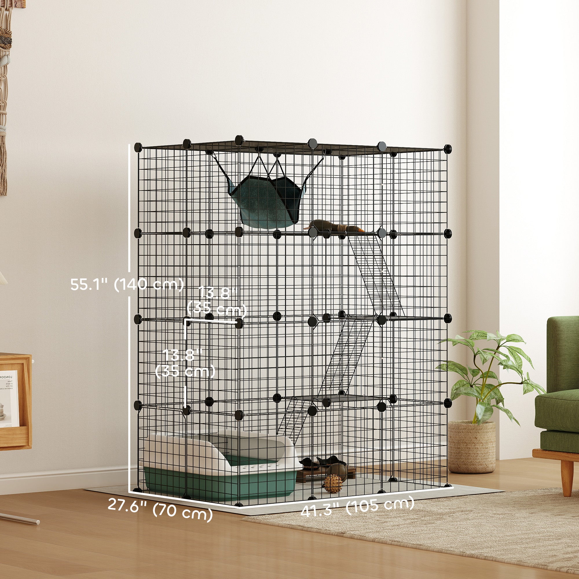 PawHut DIY Large Cat Cage Indoor, Catio Pet Playpen with Platforms, Ramps, Hammock, Kitten Exercise Place for 1-3 Cats, Bunnies, 41 x 28 x 55in, 49 Panels, Black