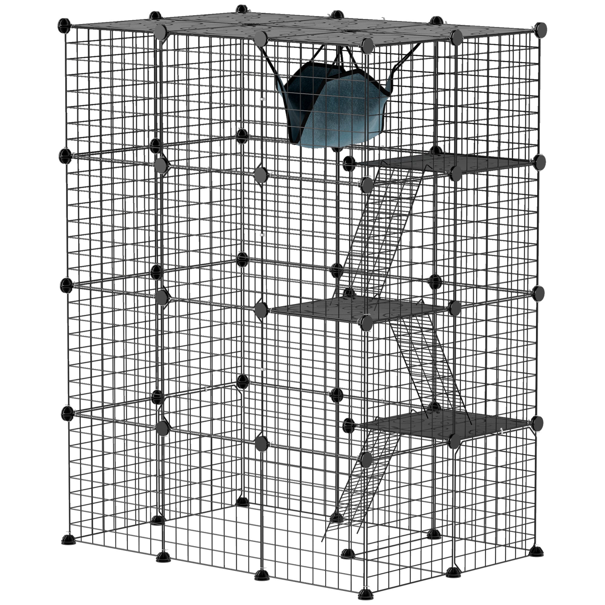 PawHut Cat Cage Indoor, DIY 4 Tier Wire Cat Enclosure with Hammock, Ramps, Doors, Jumping Platforms, Detachable Catio Indoor for 1-3 Cats, 105 x 70 x 140 cm, Black