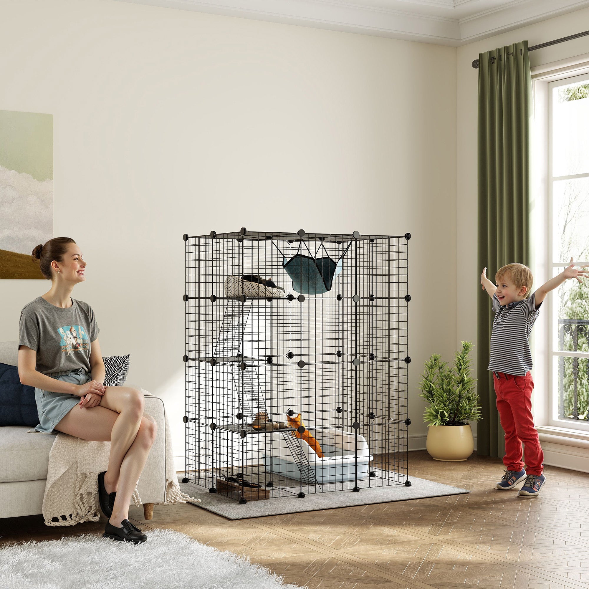 PawHut Cat Cage Indoor, DIY 4 Tier Wire Cat Enclosure with Hammock, Ramps, Doors, Jumping Platforms, Detachable Catio Indoor for 1-3 Cats, 105 x 70 x 140 cm, Black