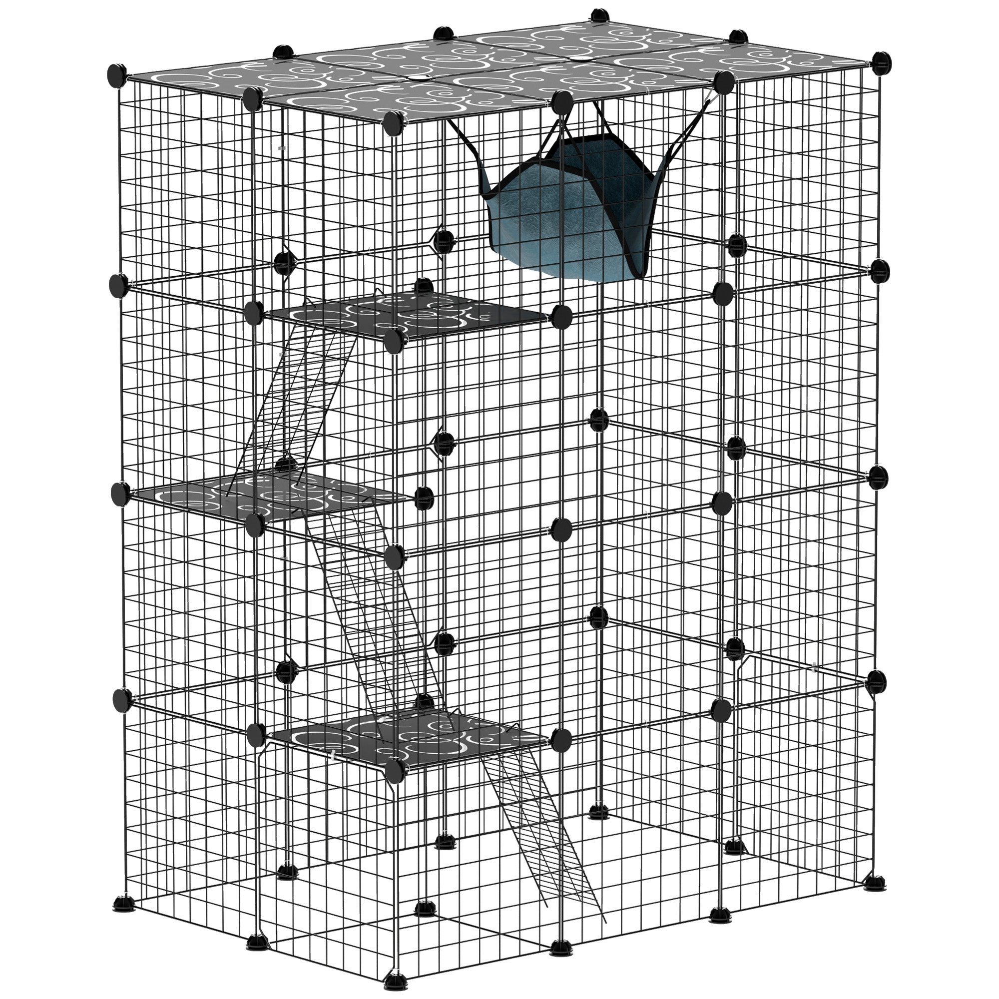 PawHut DIY Large Cat Cage Indoor, Catio Pet Playpen with Platforms, Ramps, Hammock, Kitten Exercise Place for 1-3 Cats, Bunnies, 41 x 28 x 55in, 49 Panels, Black