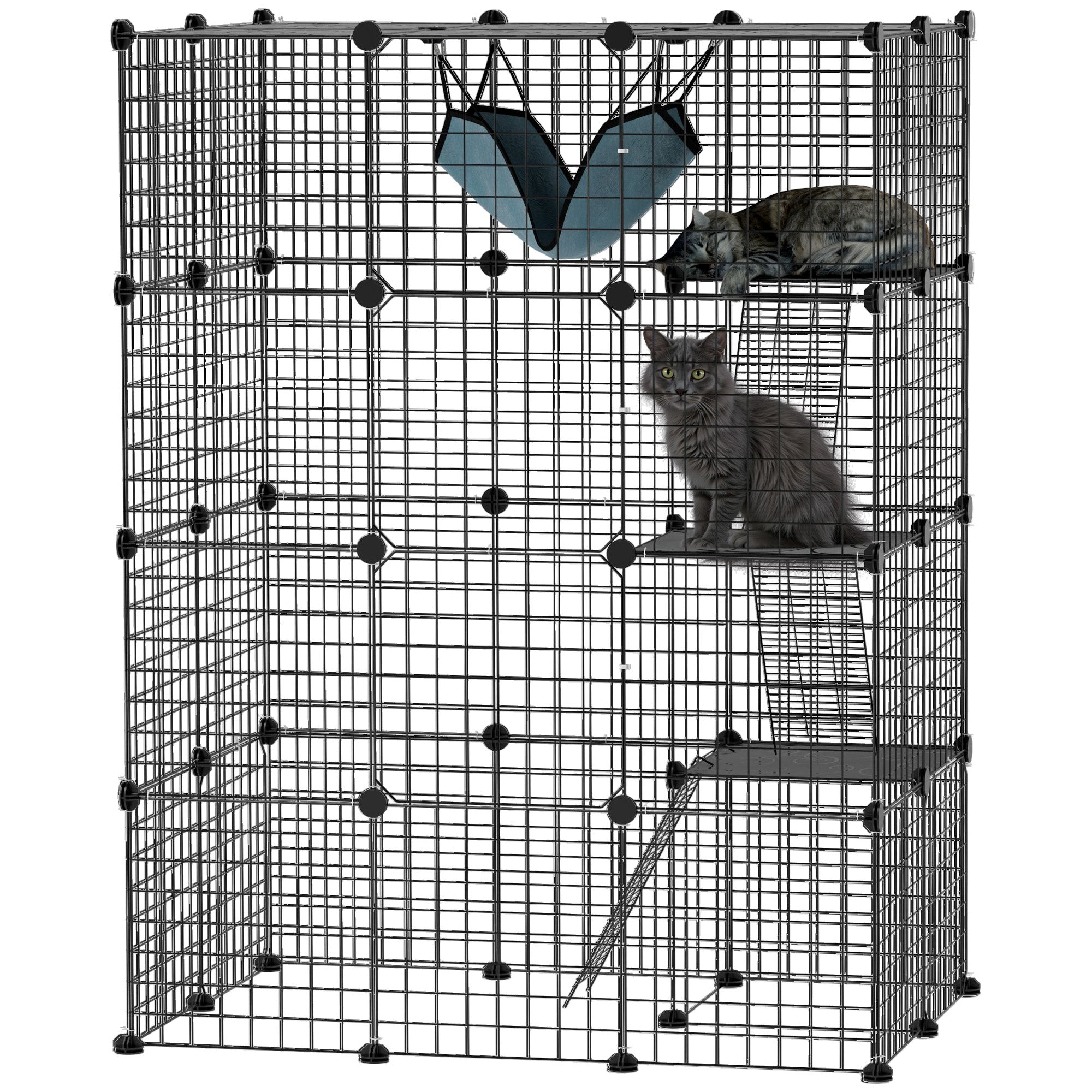 PawHut DIY Large Cat Cage Indoor, Catio Pet Playpen with Platforms, Ramps, Hammock, Kitten Exercise Place for 1-3 Cats, Bunnies, 41 x 28 x 55in, 49 Panels, Black