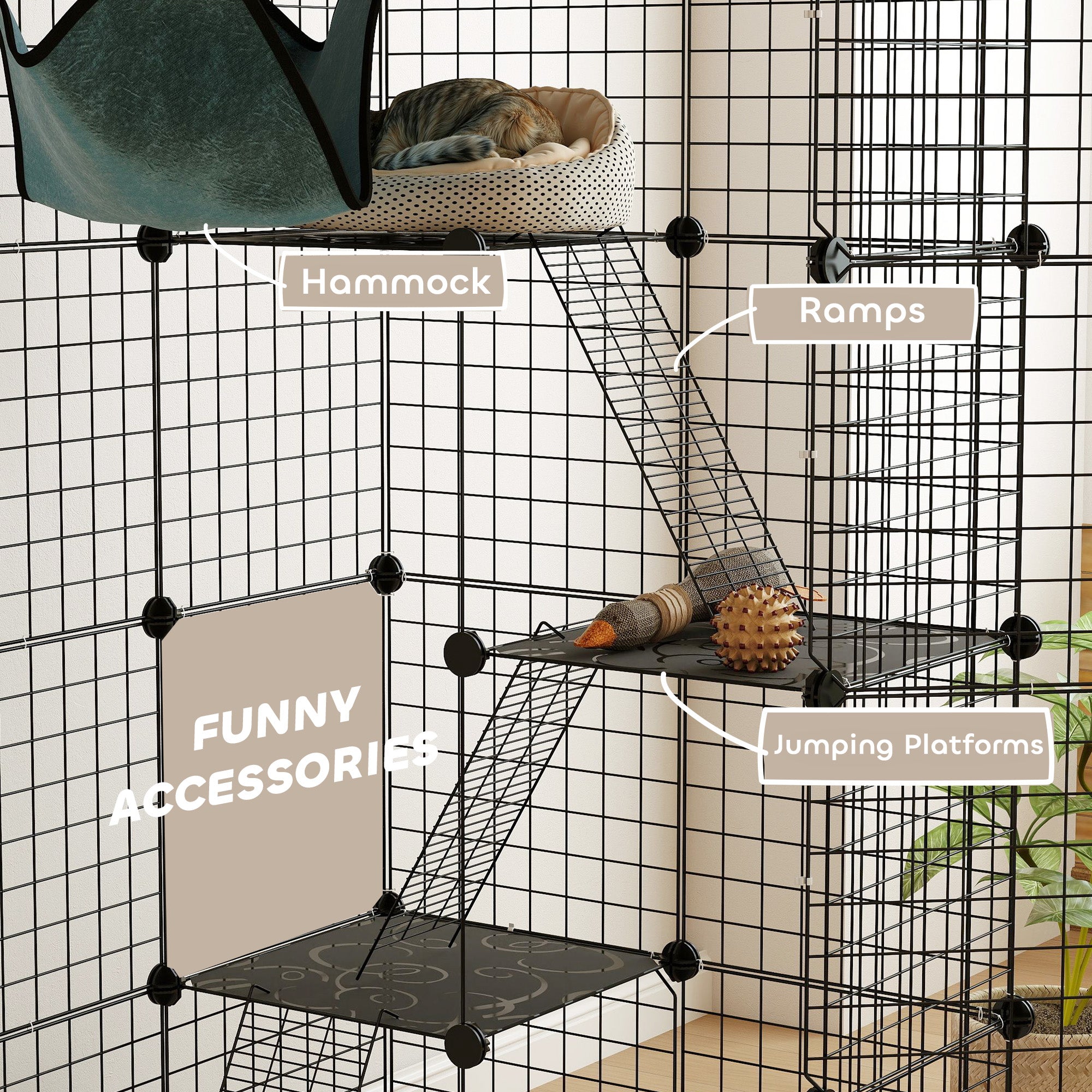 PawHut Cat Cage Indoor, DIY 4 Tier Wire Cat Enclosure with Hammock, Ramps, Doors, Jumping Platforms, Detachable Catio Indoor for 1-3 Cats, 105 x 70 x 140 cm, Black