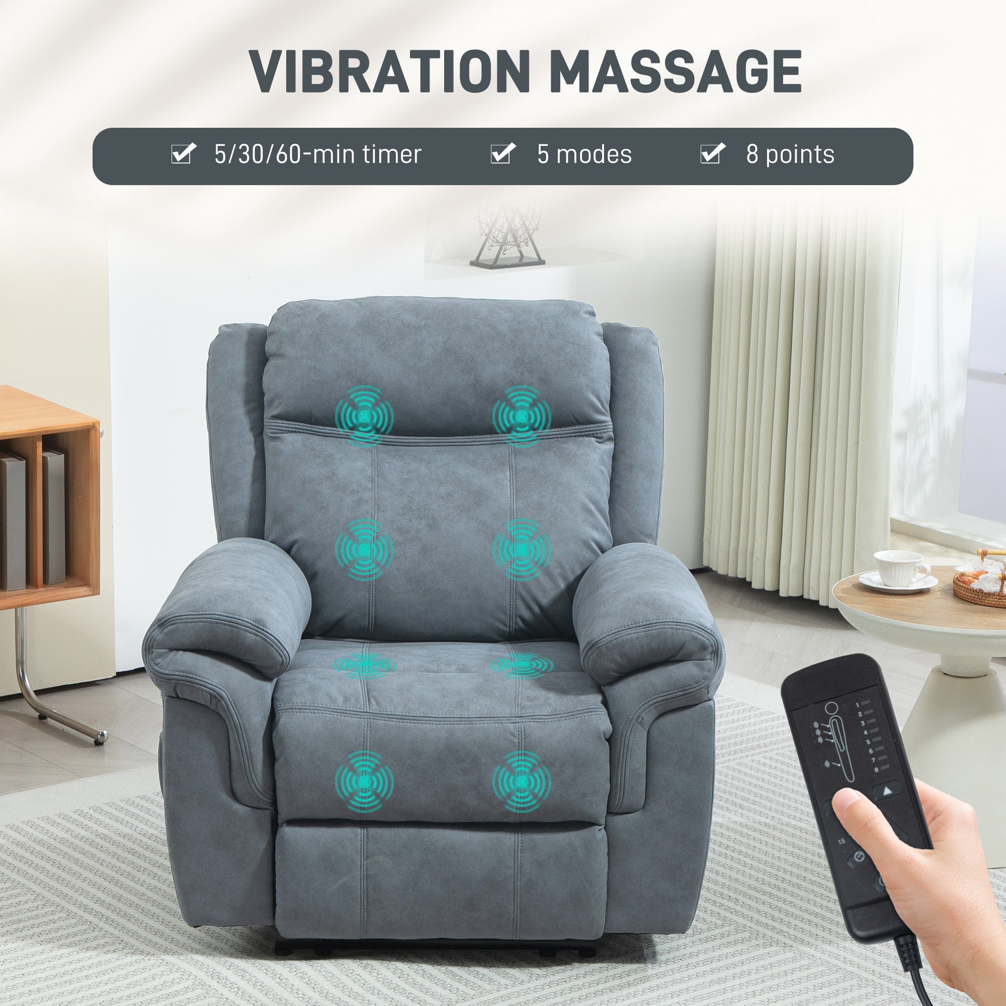 HOMCOM Vibration Massage Recliner Chair, Manual Microfibre Reclining Chair for Living Room with Side Pockets, Footrest, Remote, Easy Assembly, Blue