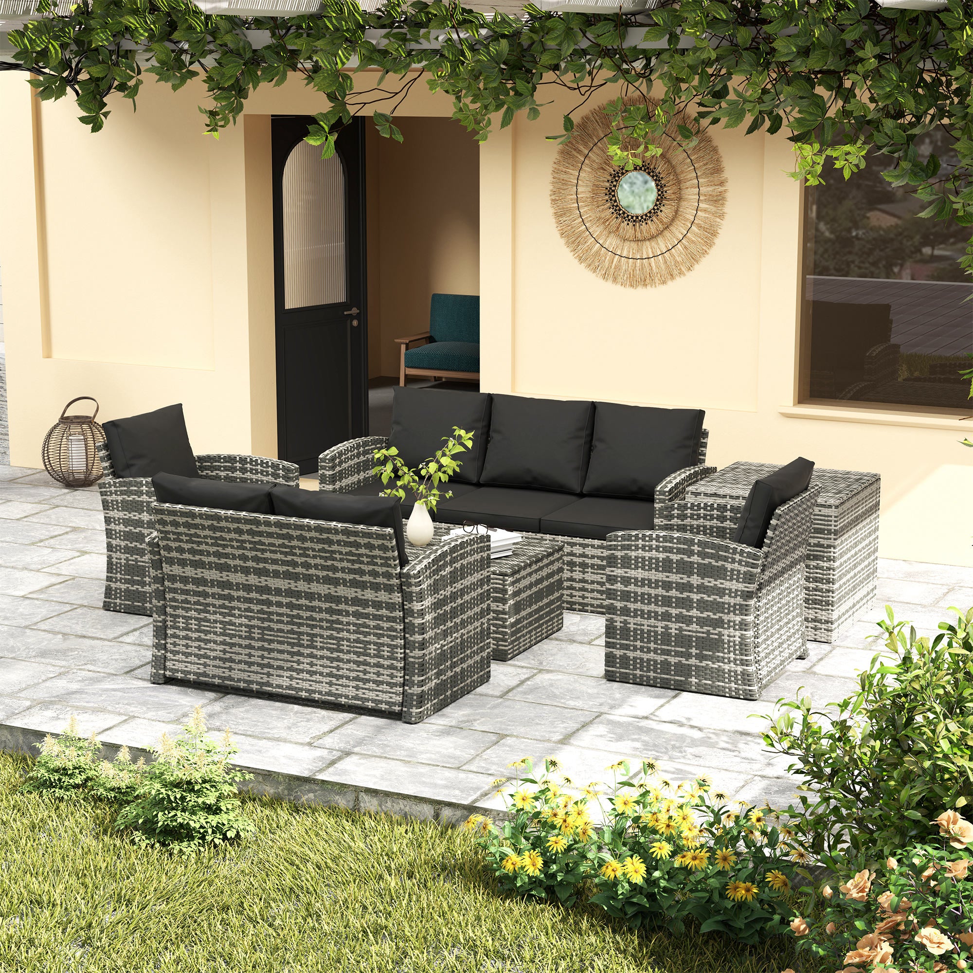 Outsunny 6 Pieces Wicker Patio Furniture Set with Cushions, 7-Seater Rattan Patio Sofa Set with Storage Coffee Table & Side Table, Sectional Outdoor Furniture Set, Black