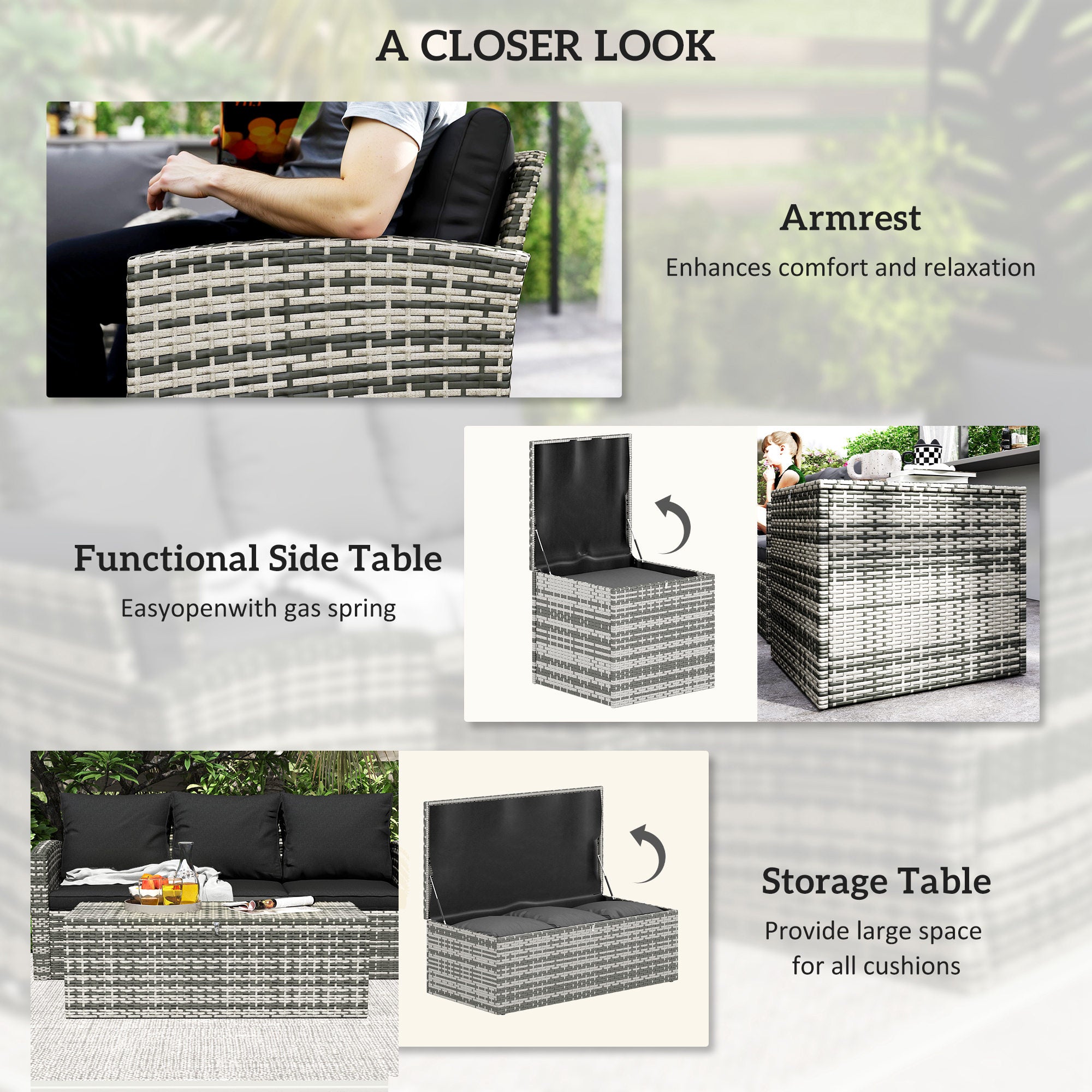 Outsunny 6 Pieces Wicker Patio Furniture Set with Cushions, 7-Seater Rattan Patio Sofa Set with Storage Coffee Table & Side Table, Sectional Outdoor Furniture Set, Black