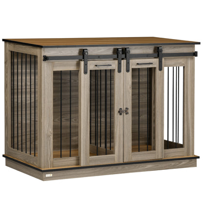 PawHut 47in Dog Crate Furniture with Divider Panel, Wooden Dog Kennel TV Stand for Large Dogs, Pet House Side Table for 2 Small Dogs with Two Rooms Design, 2 Sliding Doors, Oak