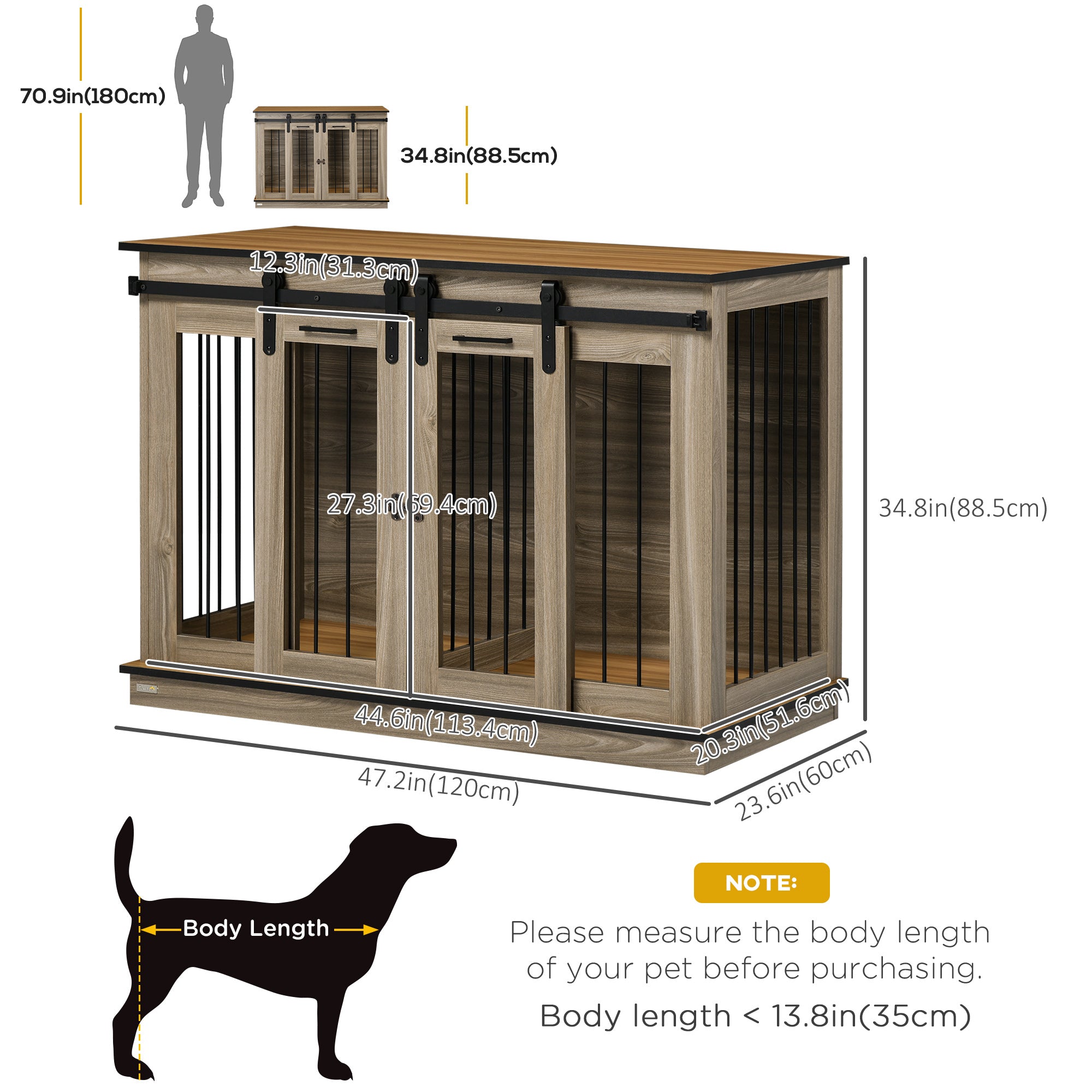PawHut 47in Dog Crate Furniture with Divider Panel, Wooden Dog Kennel TV Stand for Large Dogs, Pet House Side Table for 2 Small Dogs with Two Rooms Design, 2 Sliding Doors, Oak