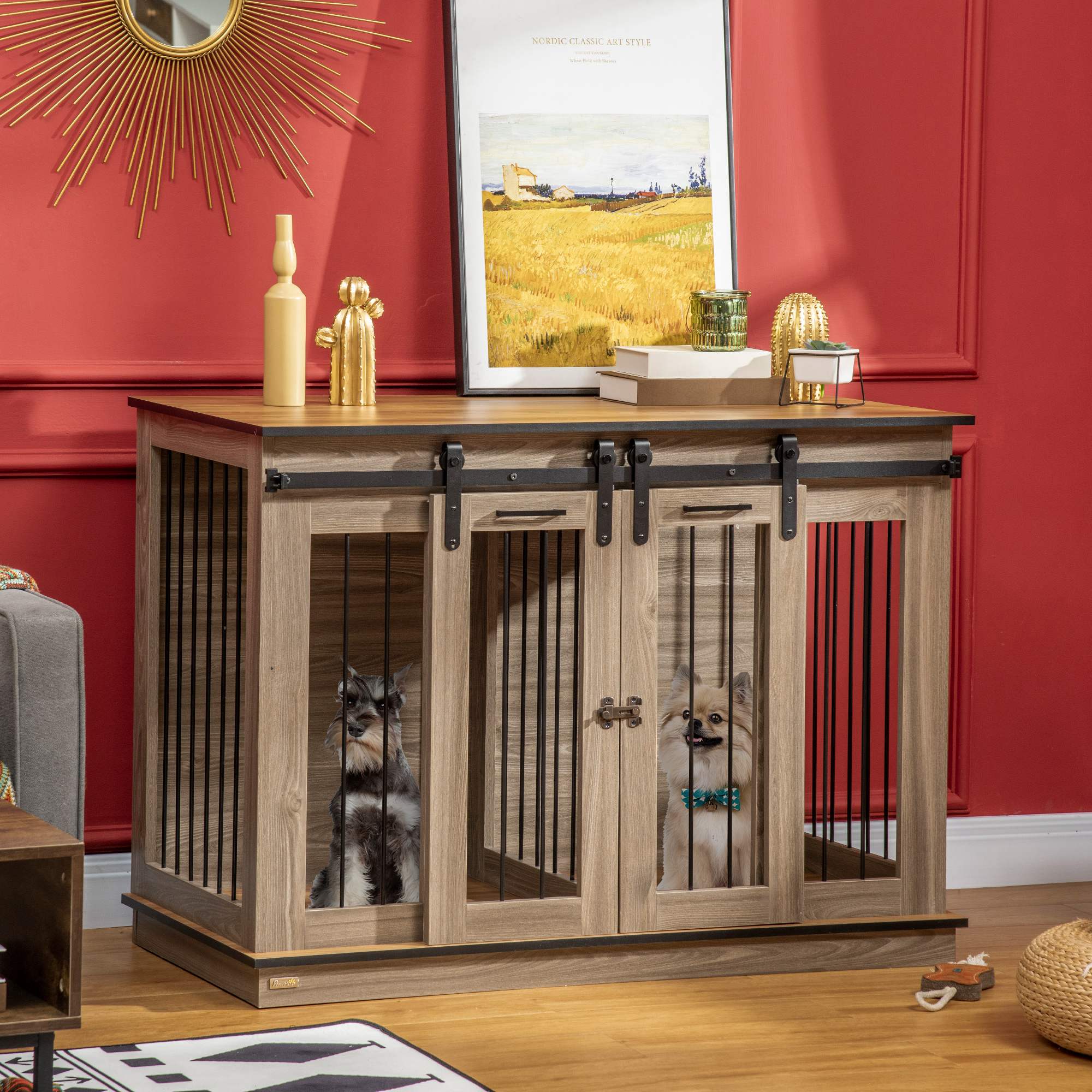 PawHut 47in Dog Crate Furniture with Divider Panel, Wooden Dog Kennel TV Stand for Large Dogs, Pet House Side Table for 2 Small Dogs with Two Rooms Design, 2 Sliding Doors, Oak