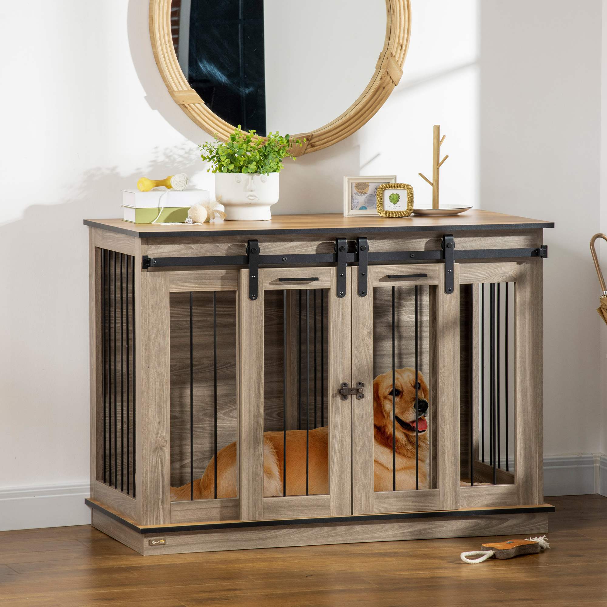 PawHut 47in Dog Crate Furniture with Divider Panel, Wooden Dog Kennel TV Stand for Large Dogs, Pet House Side Table for 2 Small Dogs with Two Rooms Design, 2 Sliding Doors, Oak